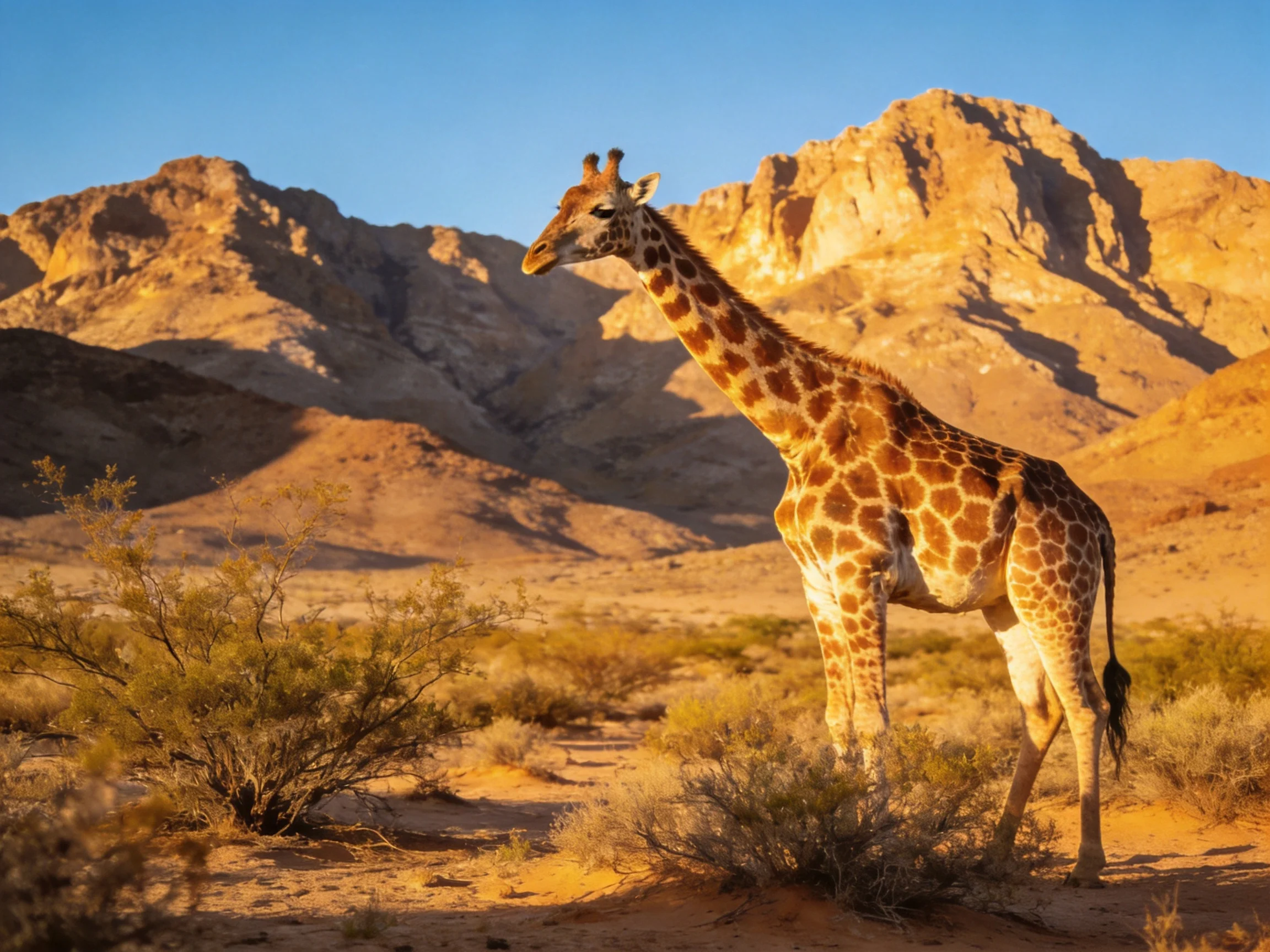 A giraffe stands amid golden desert terrain with rugged rocky mountains