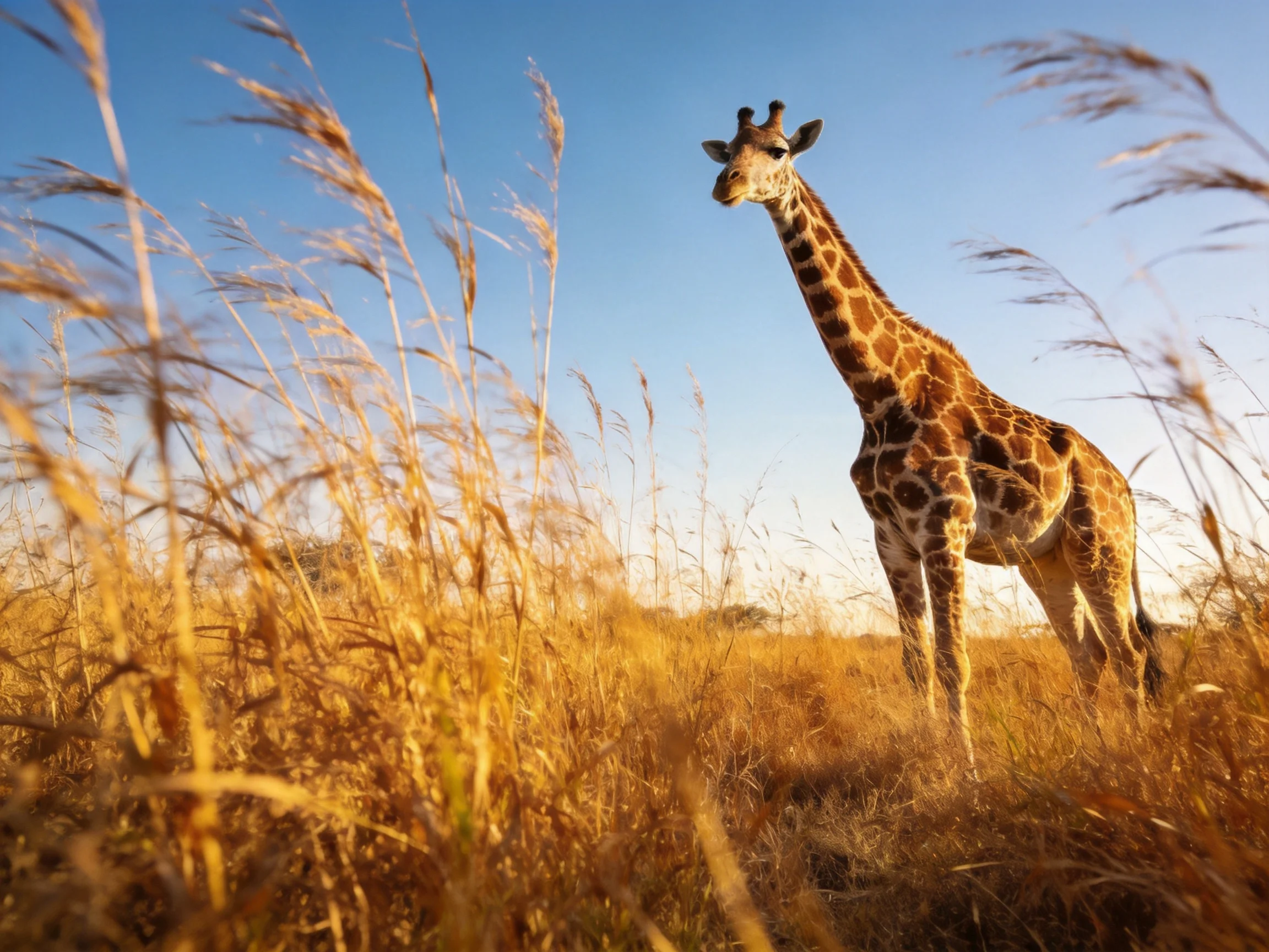 A giraffe is surrounded by golden grasses in a sunlit savannah landscape.