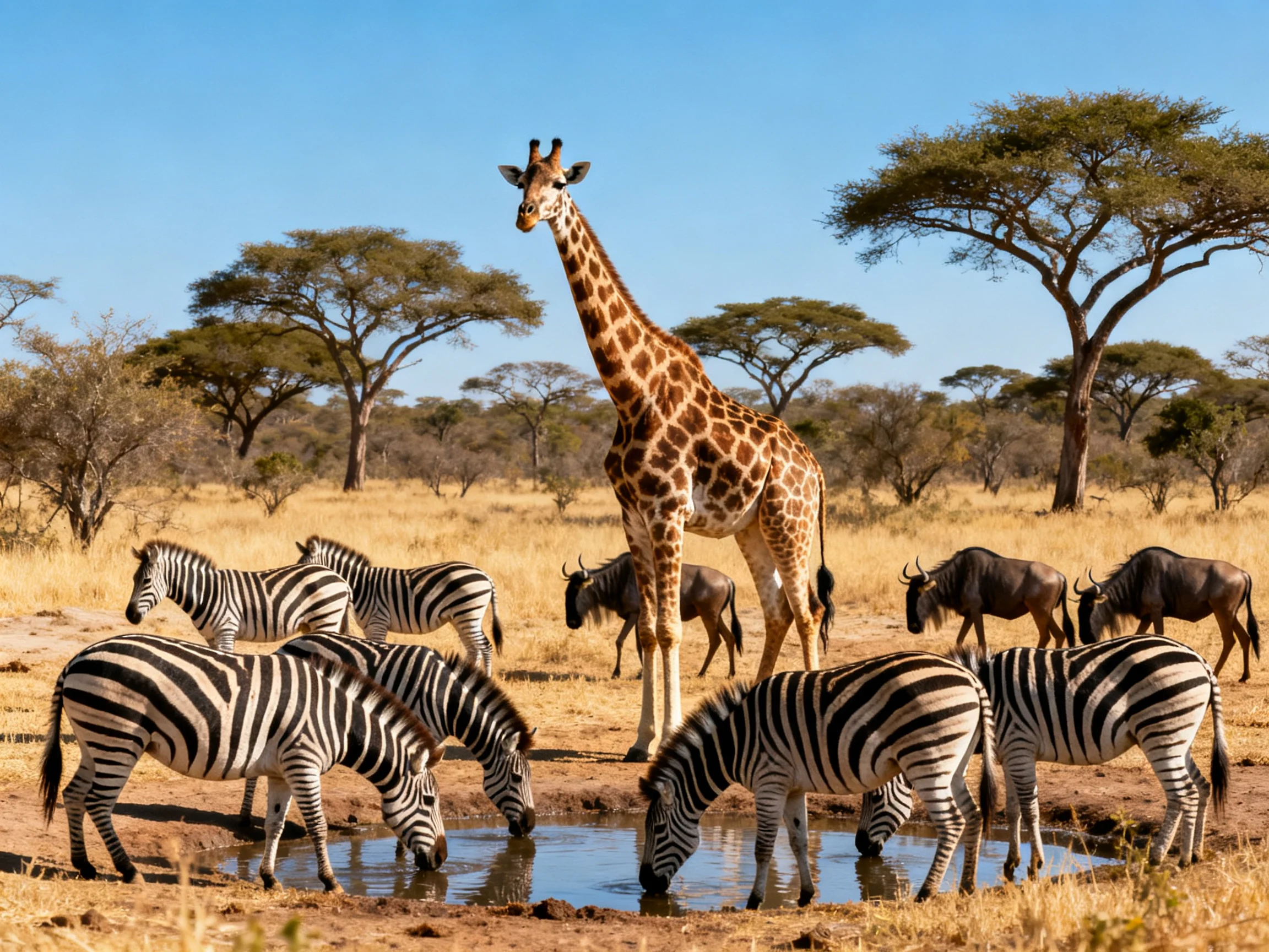 A giraffe stands amid zebras and wildebeests at a savannah waterhole