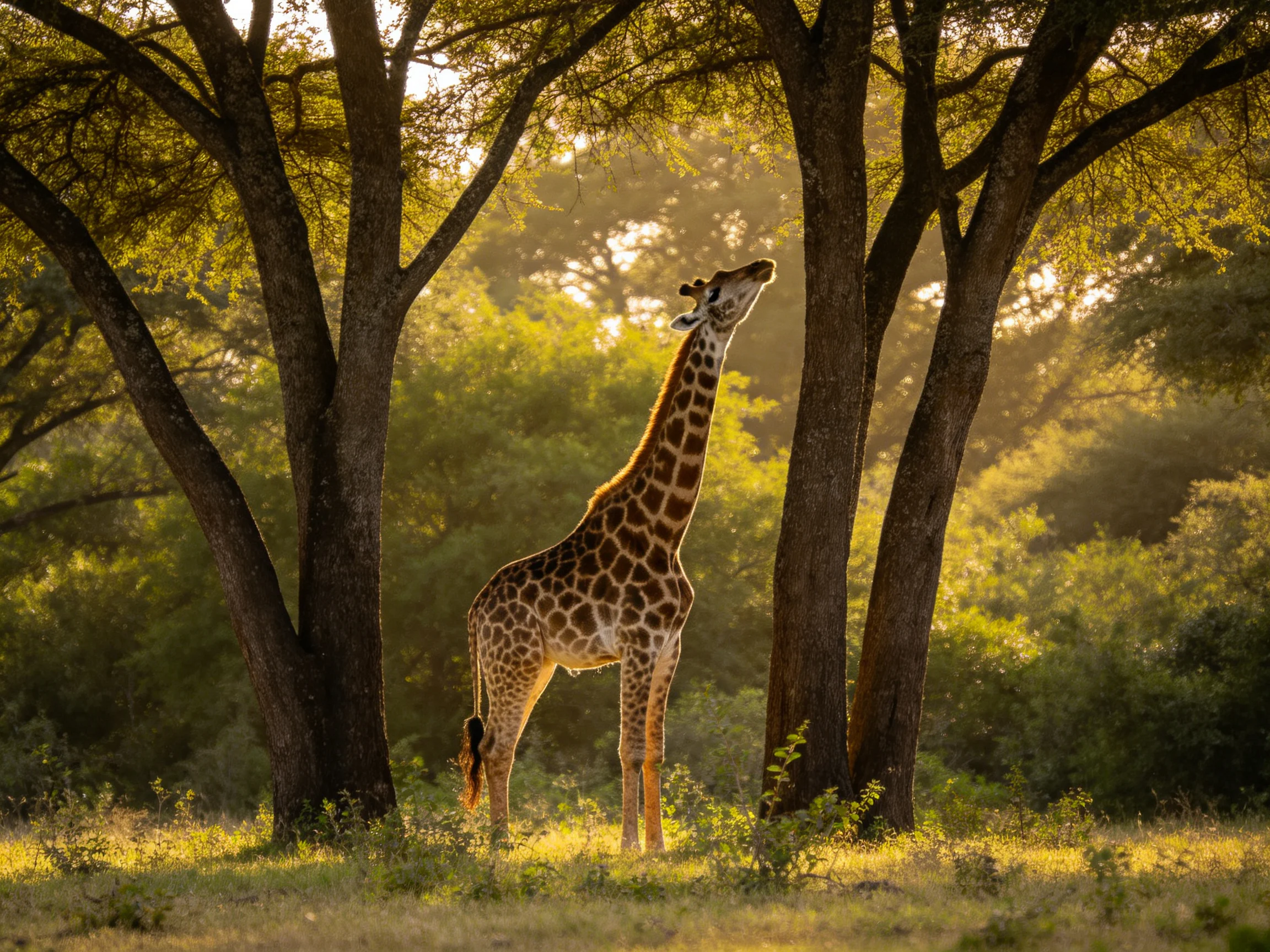 A giraffe stands near large brown trees in a sunlit natural setting.