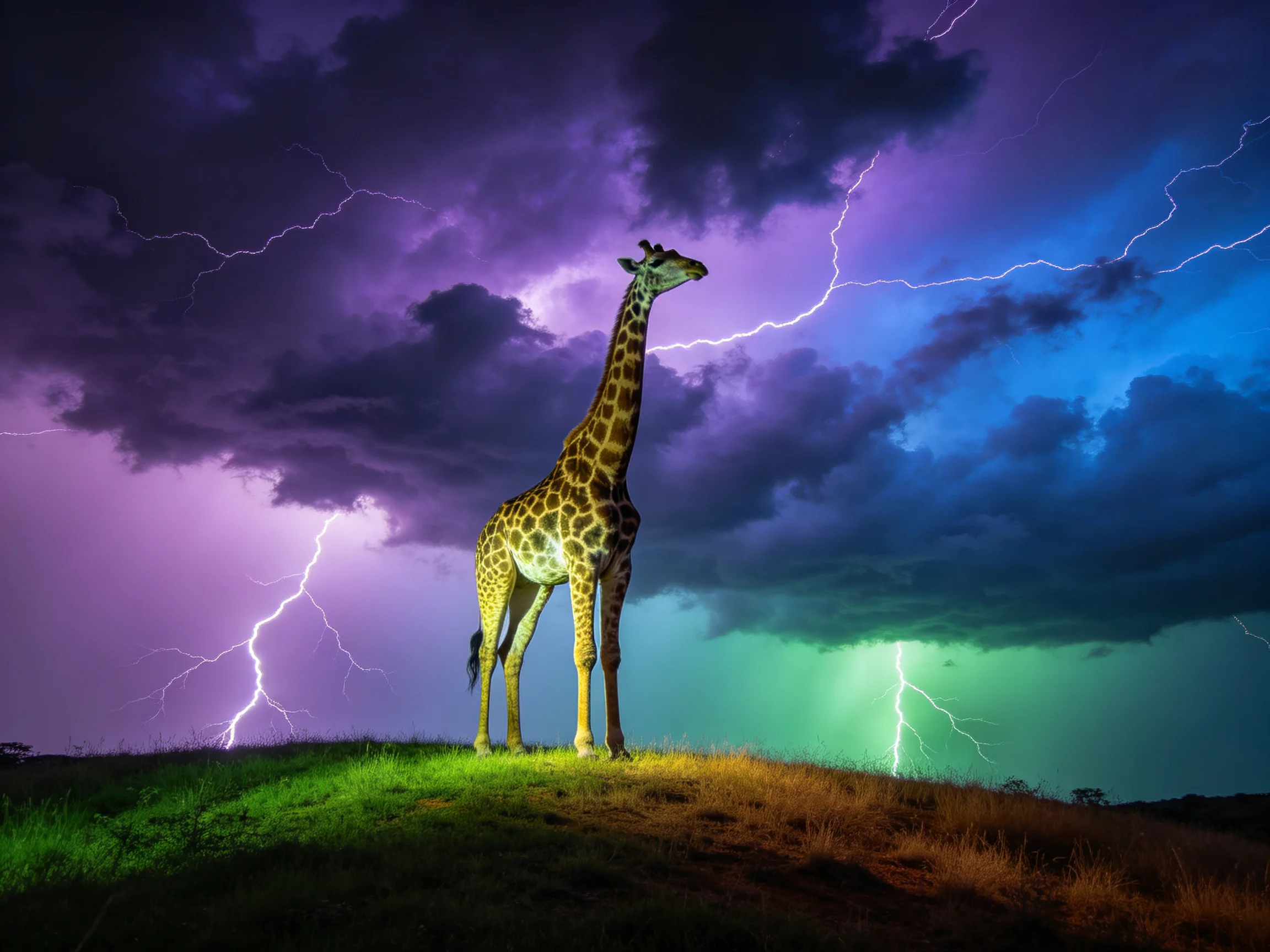 A giraffe stands atop a hill beneath a dramatic, multicolored storm sky with lightning