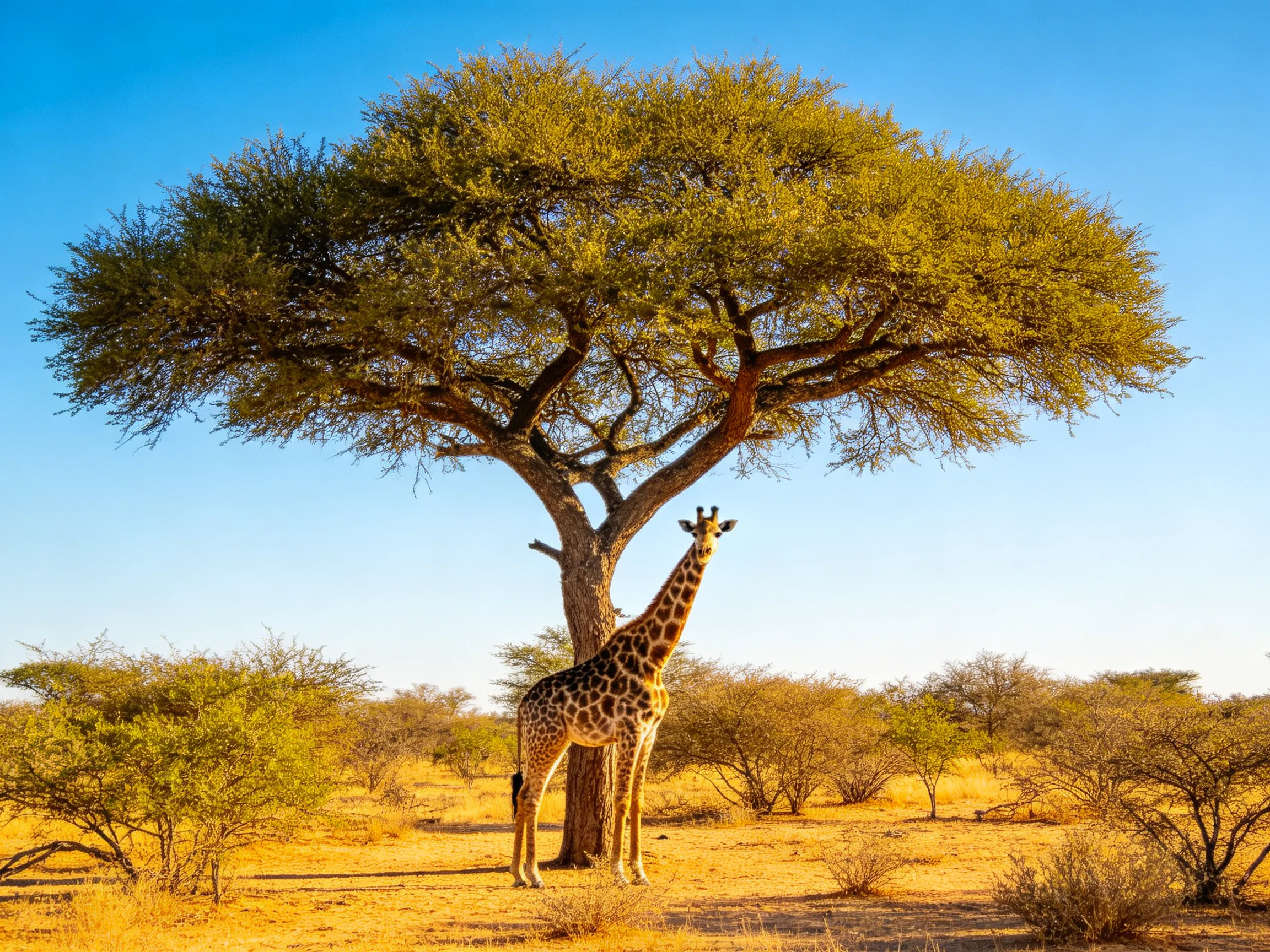 A giraffe stands beneath a large acacia tree in golden savannah
