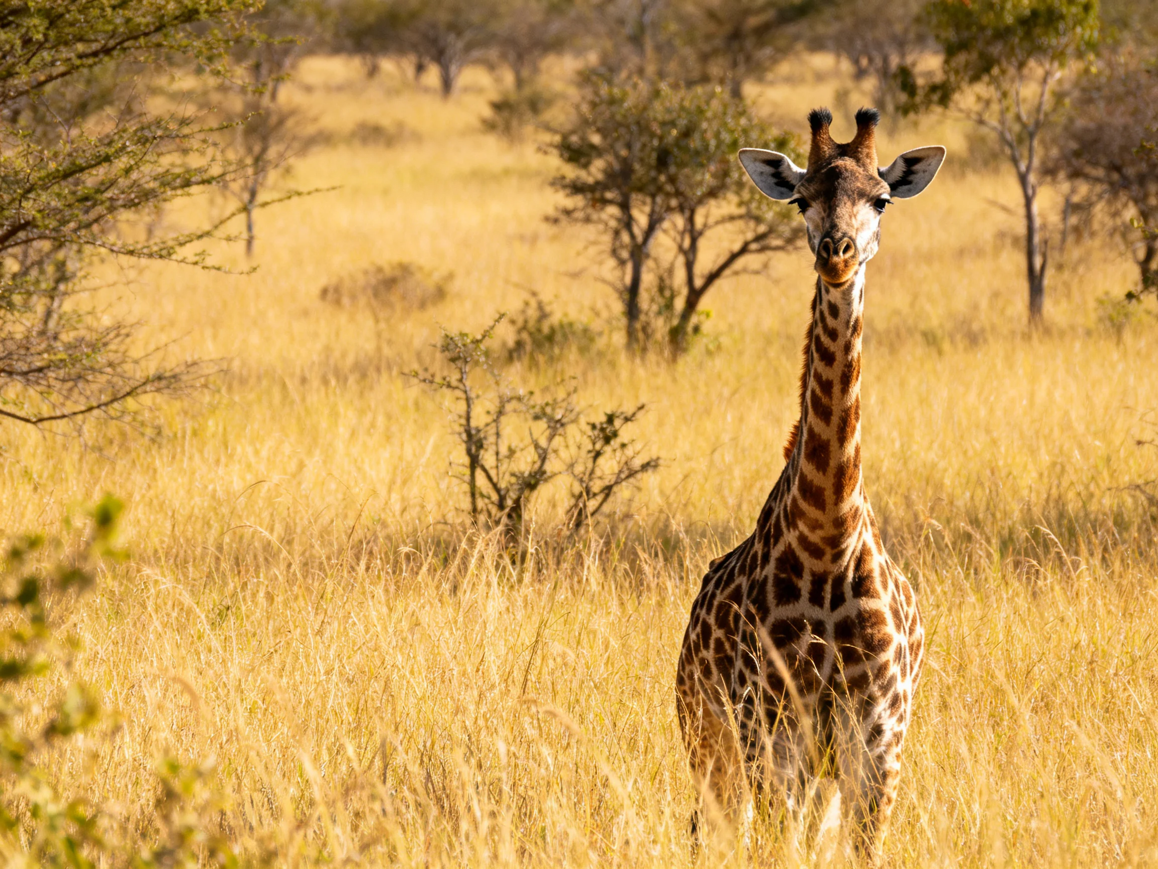 A giraffe stands in a sun-drenched savannah with golden grass and scattered trees