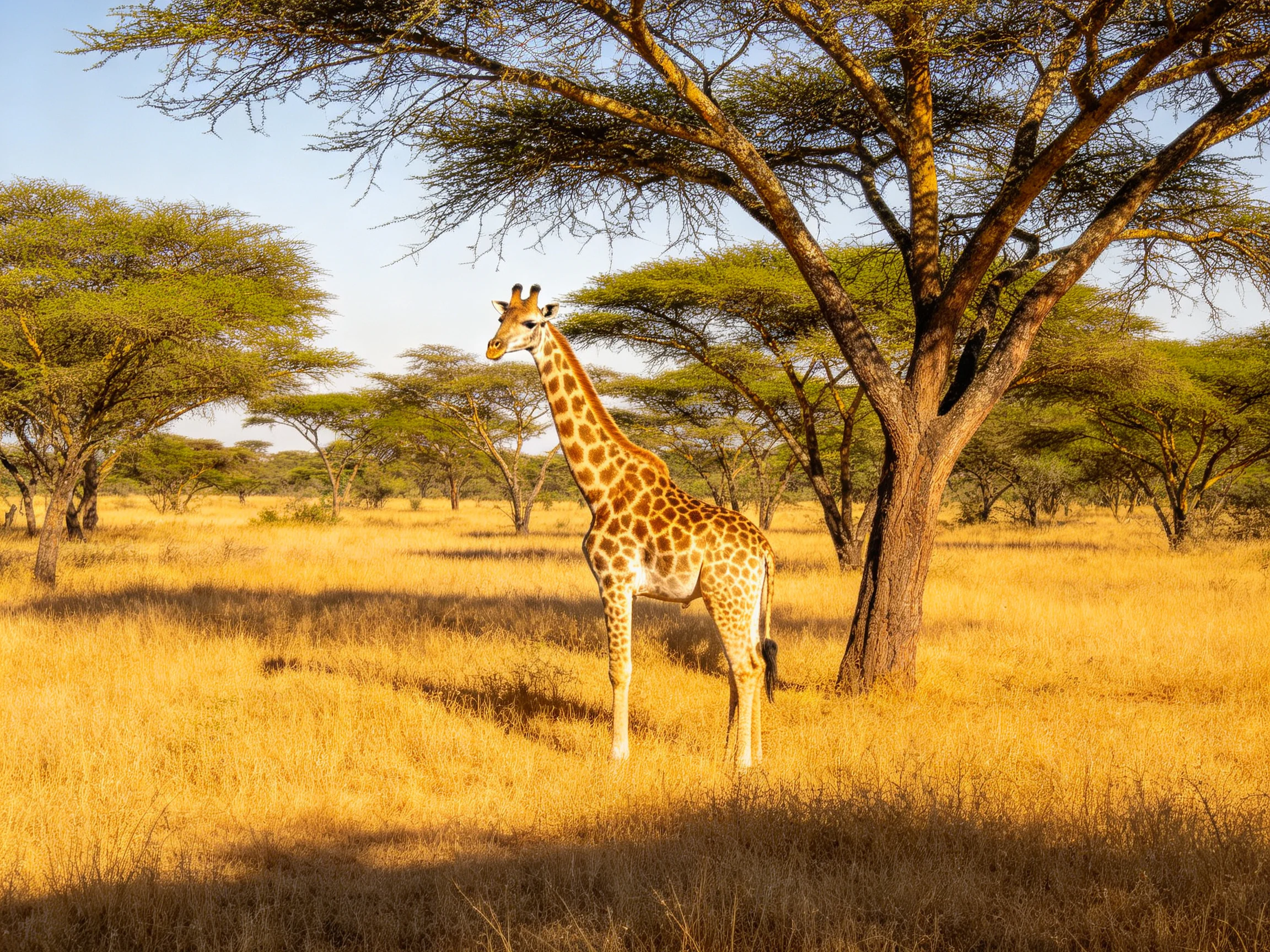 A giraffe stands near acacia trees in golden savannah grass
