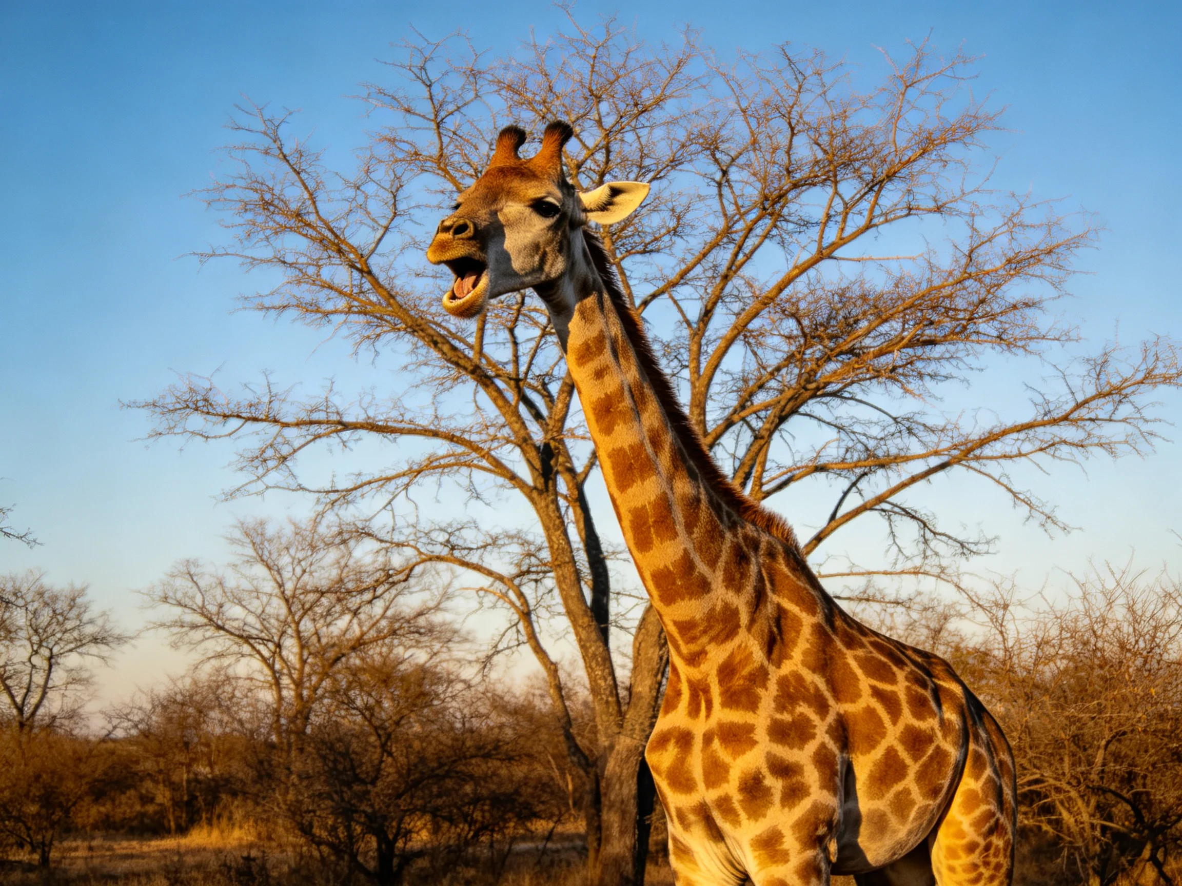 A giraffe stands near bare acacia trees under a clear blue sky