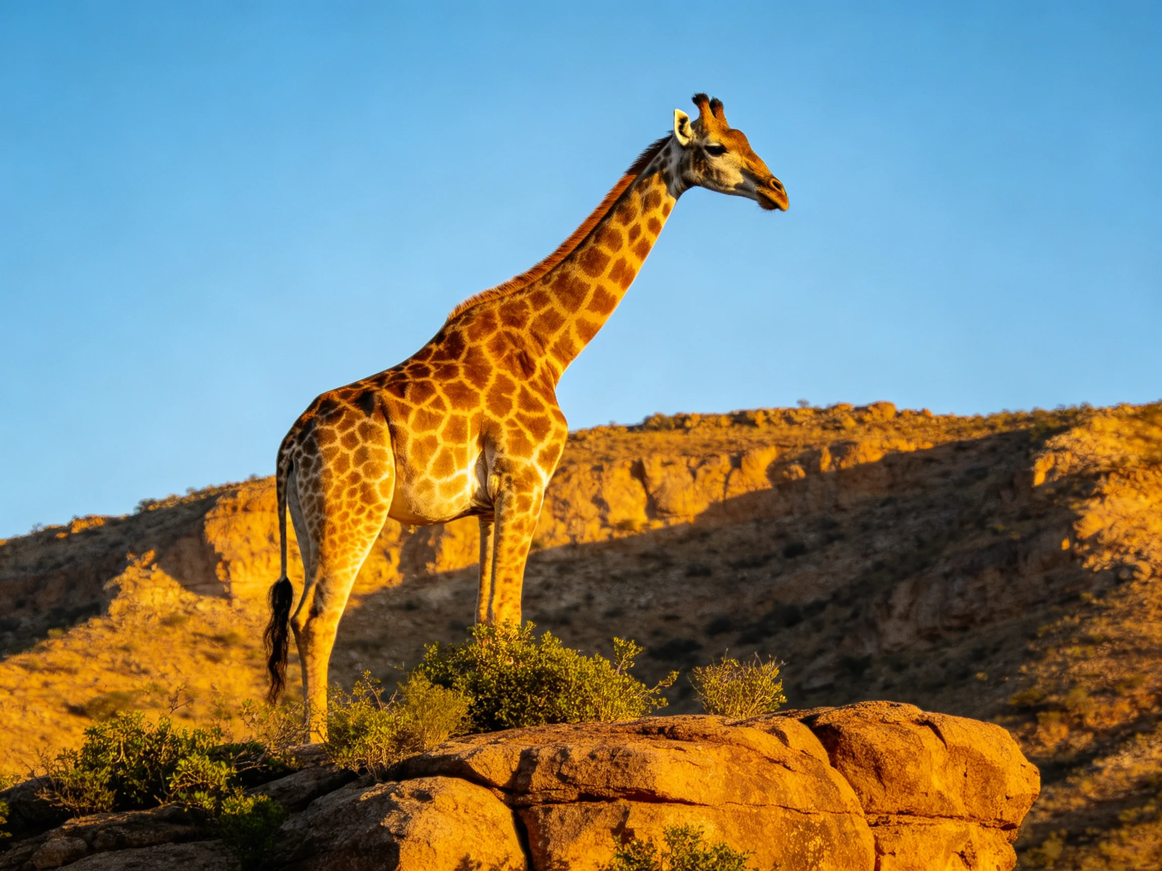 A giraffe stands on a golden-hued rocky hill under clear blue sky