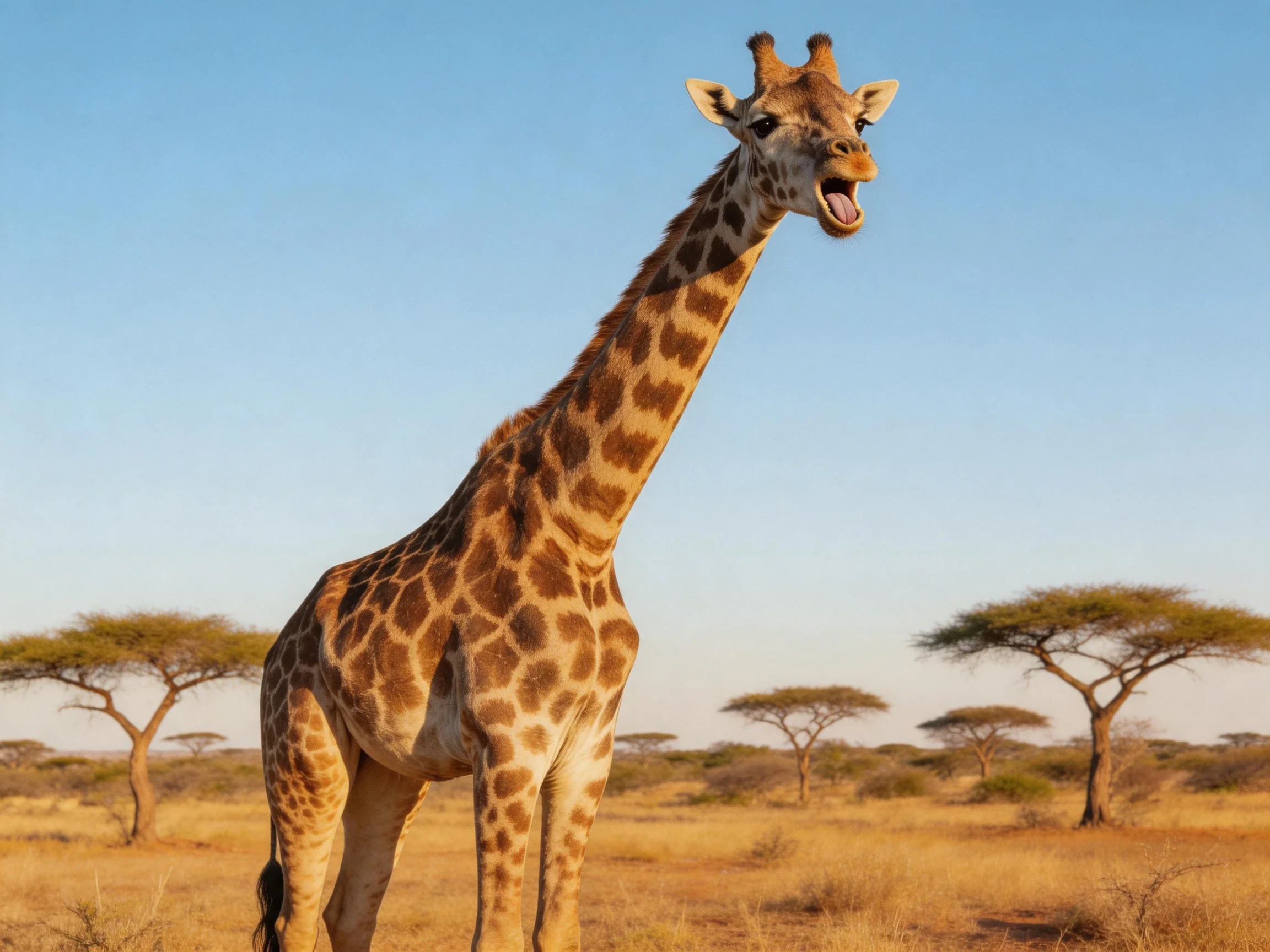 A giraffe stands tall in a golden savannah with scattered acacia trees
