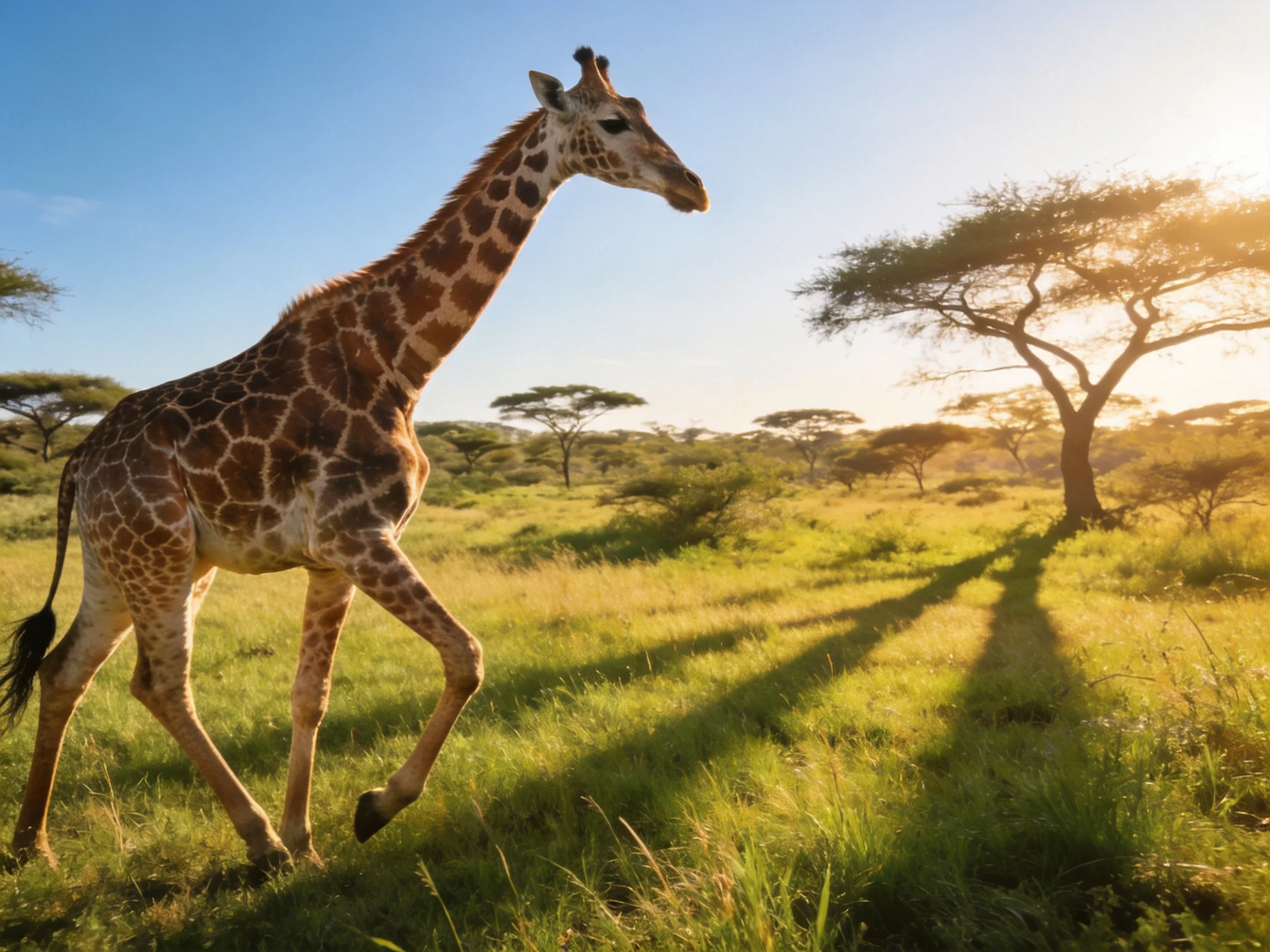 A giraffe walks through golden savannah grass near acacia trees