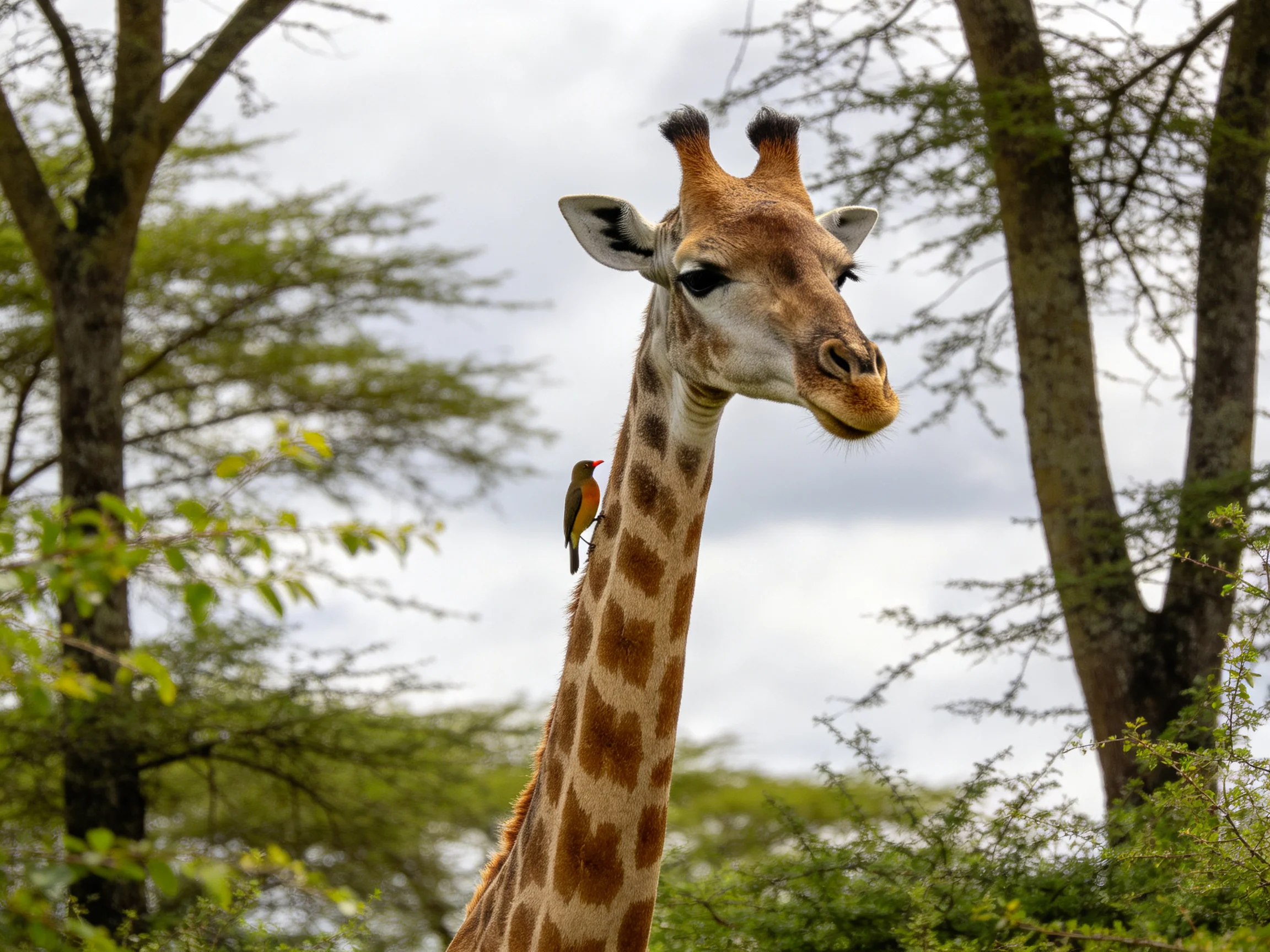 A giraffe with a small bird on its neck near tall trees