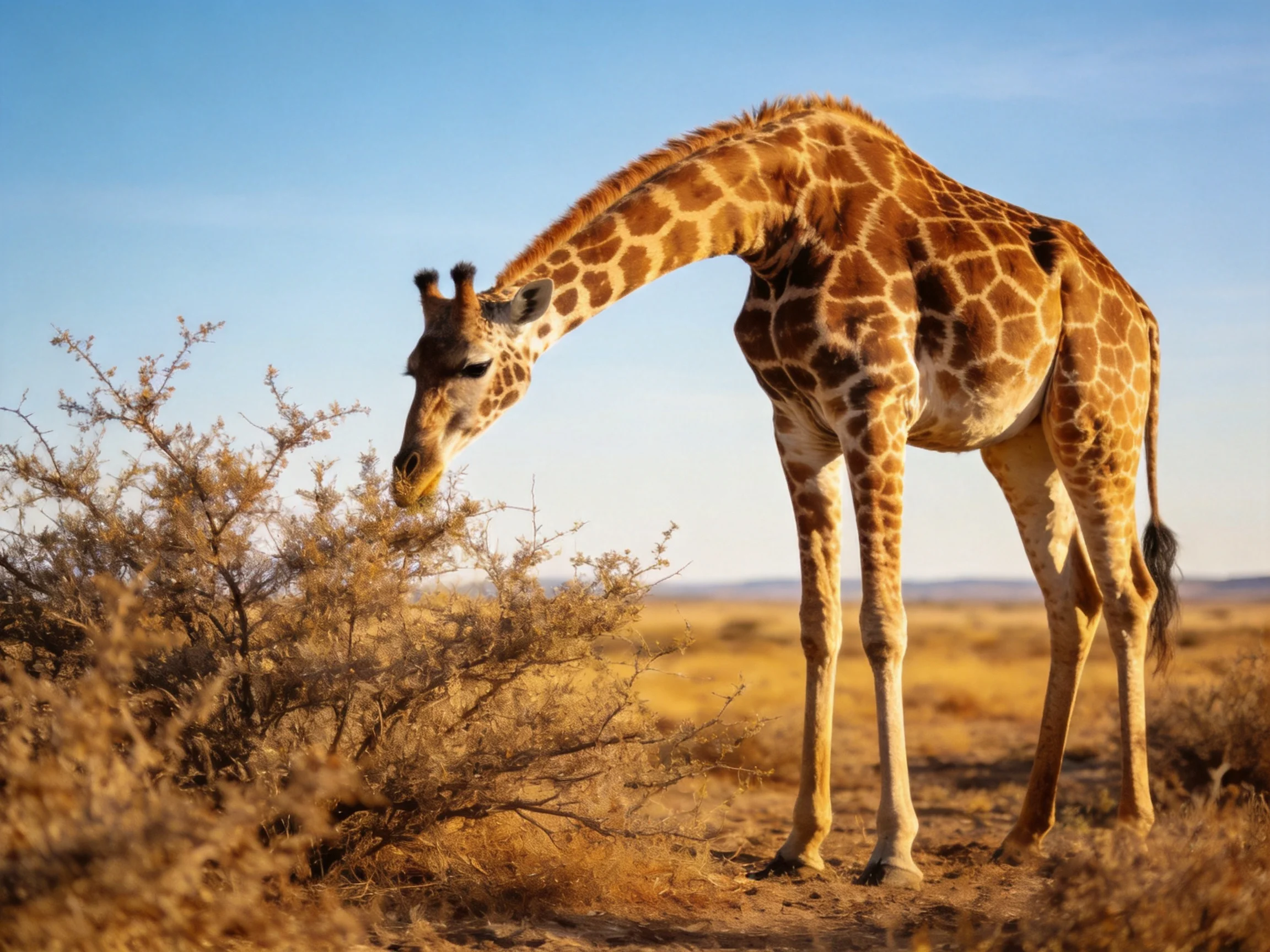 A giraffe with brown and tan patches feeds from a dry bush in sunlit savannah