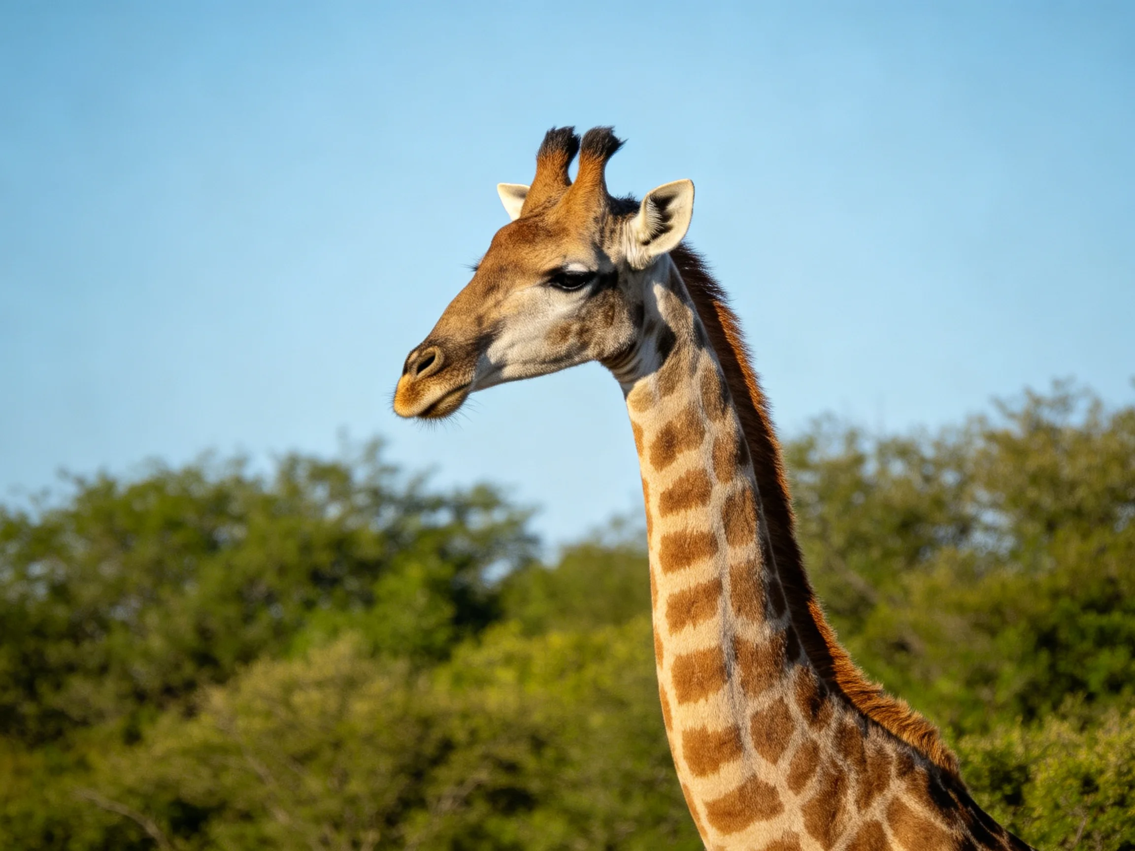 A giraffe with brown and tan patches near lush green trees under clear blue sky