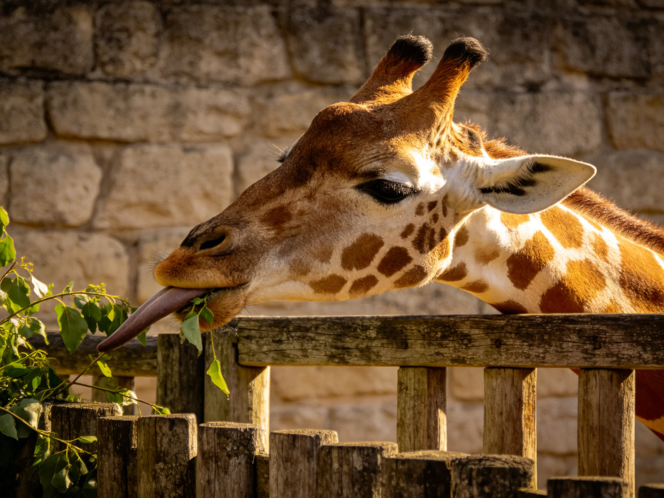 A giraffe eats foliage beside a wooden fence with a stone wall behind.
