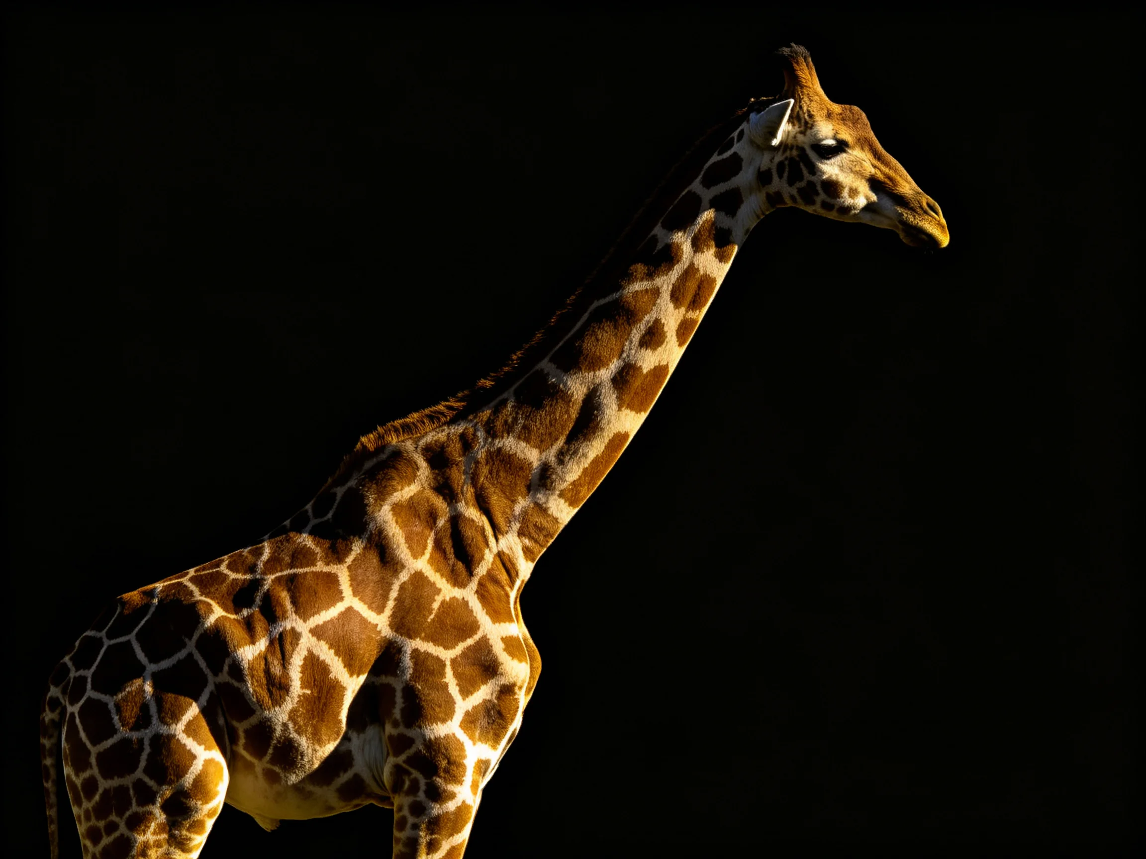 A giraffe with brown and white patchy patterns against a black background