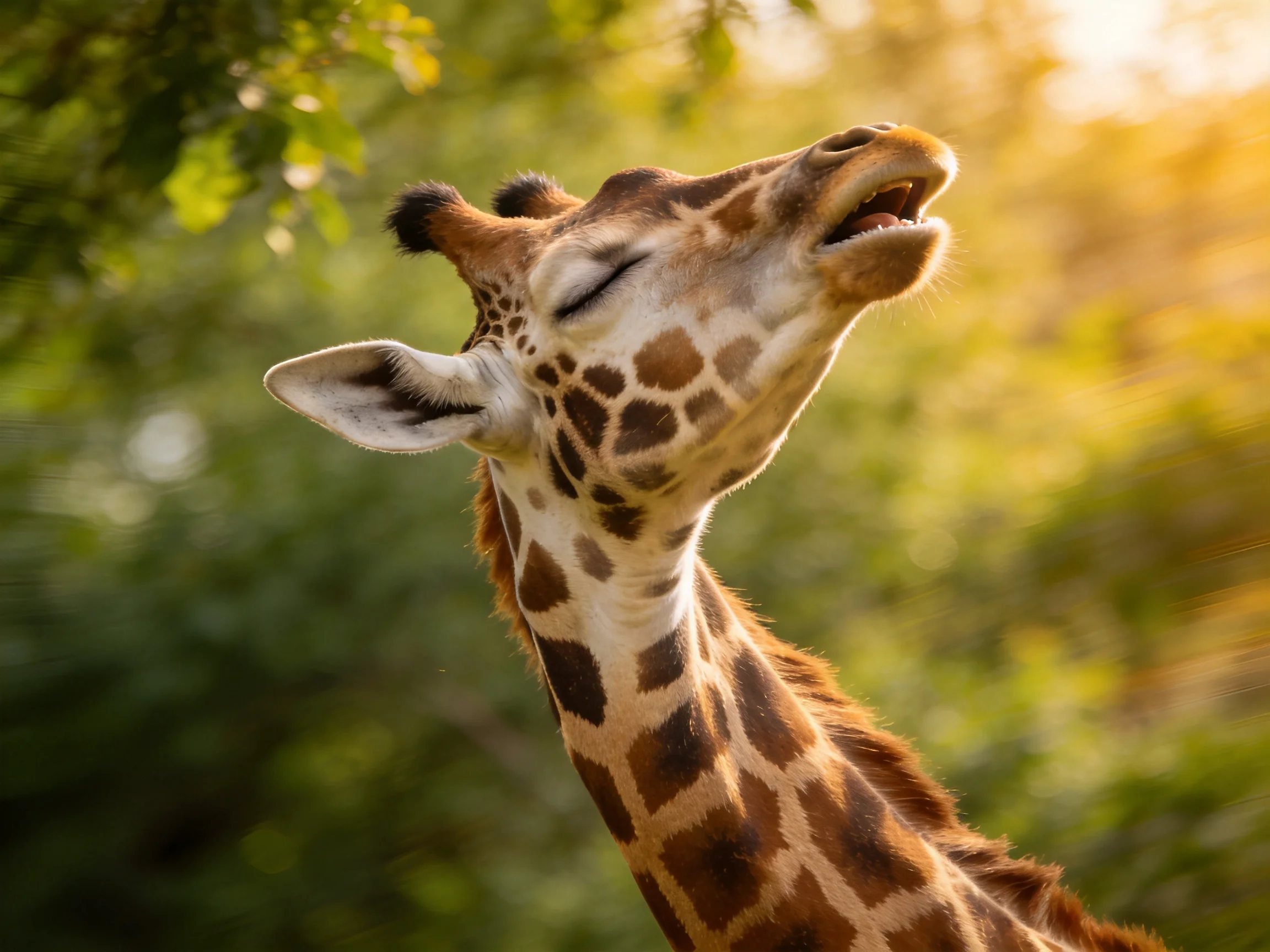 A giraffe with brown and white markings stretches toward green trees.