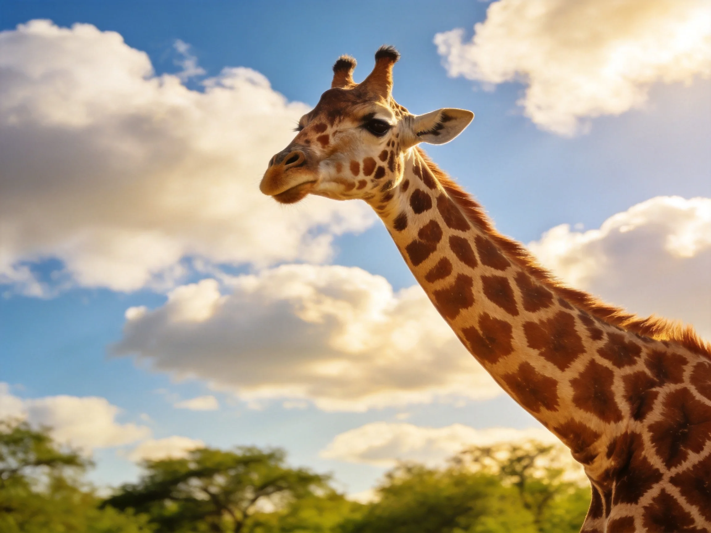 A giraffe with brown patch patterns stands under a bright blue sky with fluffy clouds
