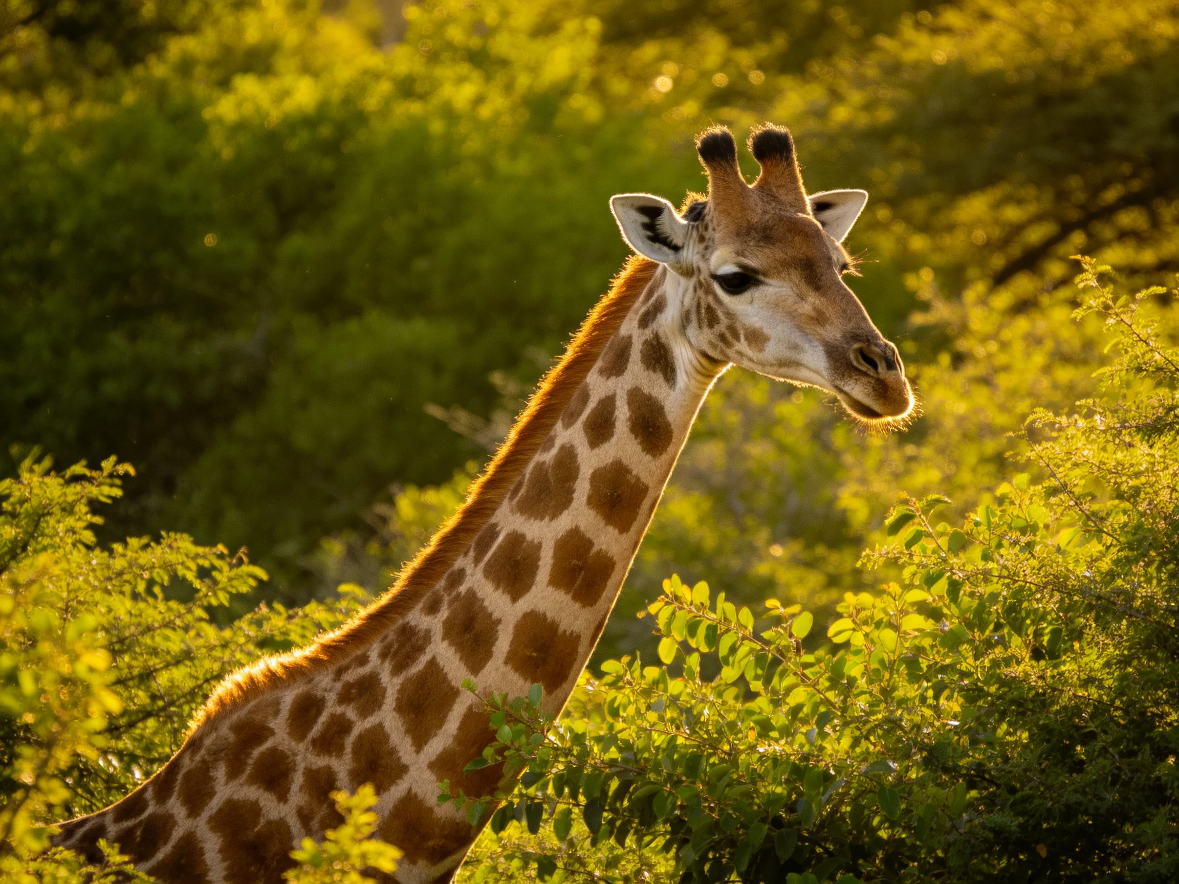 A giraffe with brown patches in lush green foliage under golden sunlight
