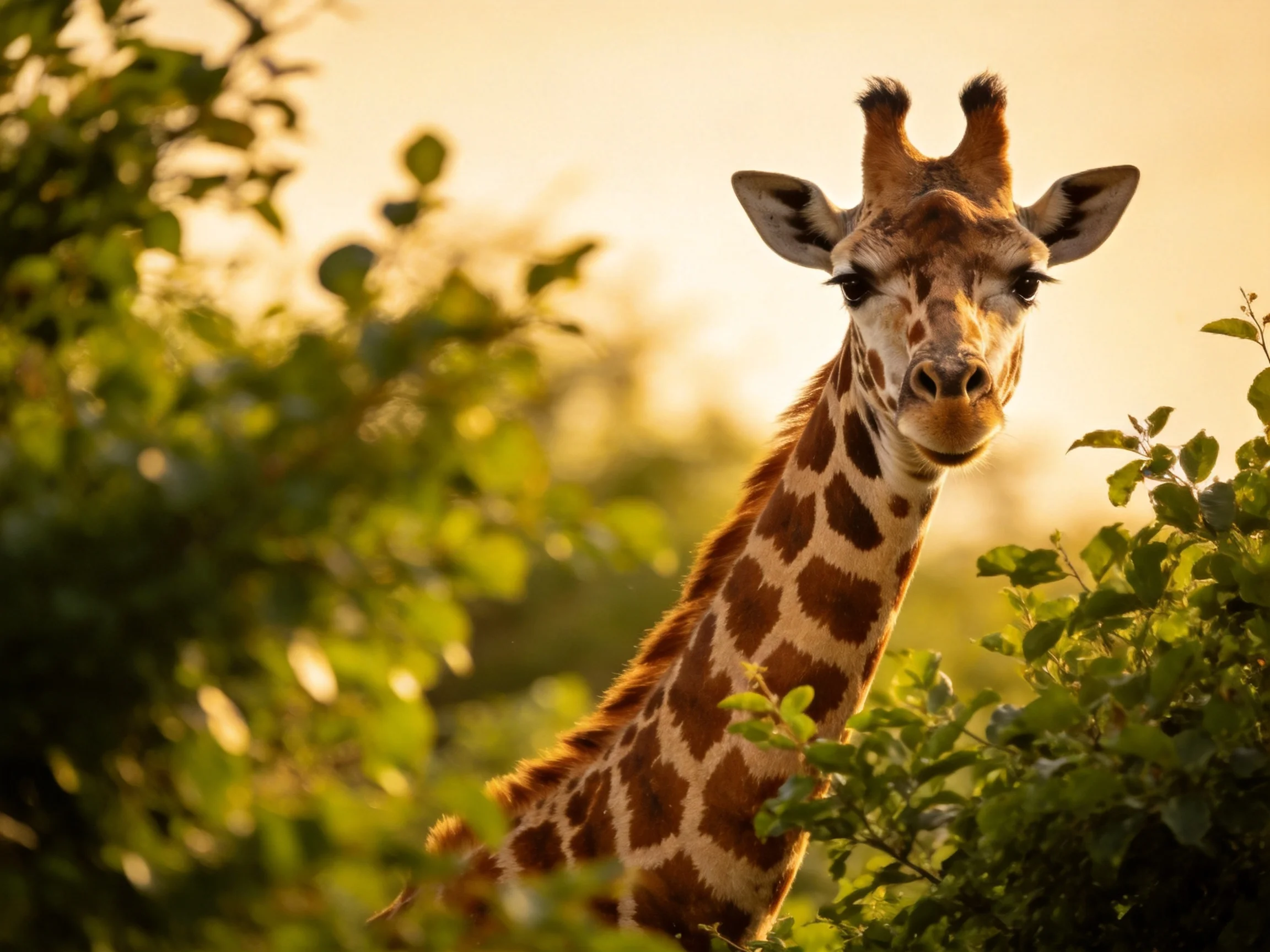 A giraffe with brown patches in lush greenery under golden light
