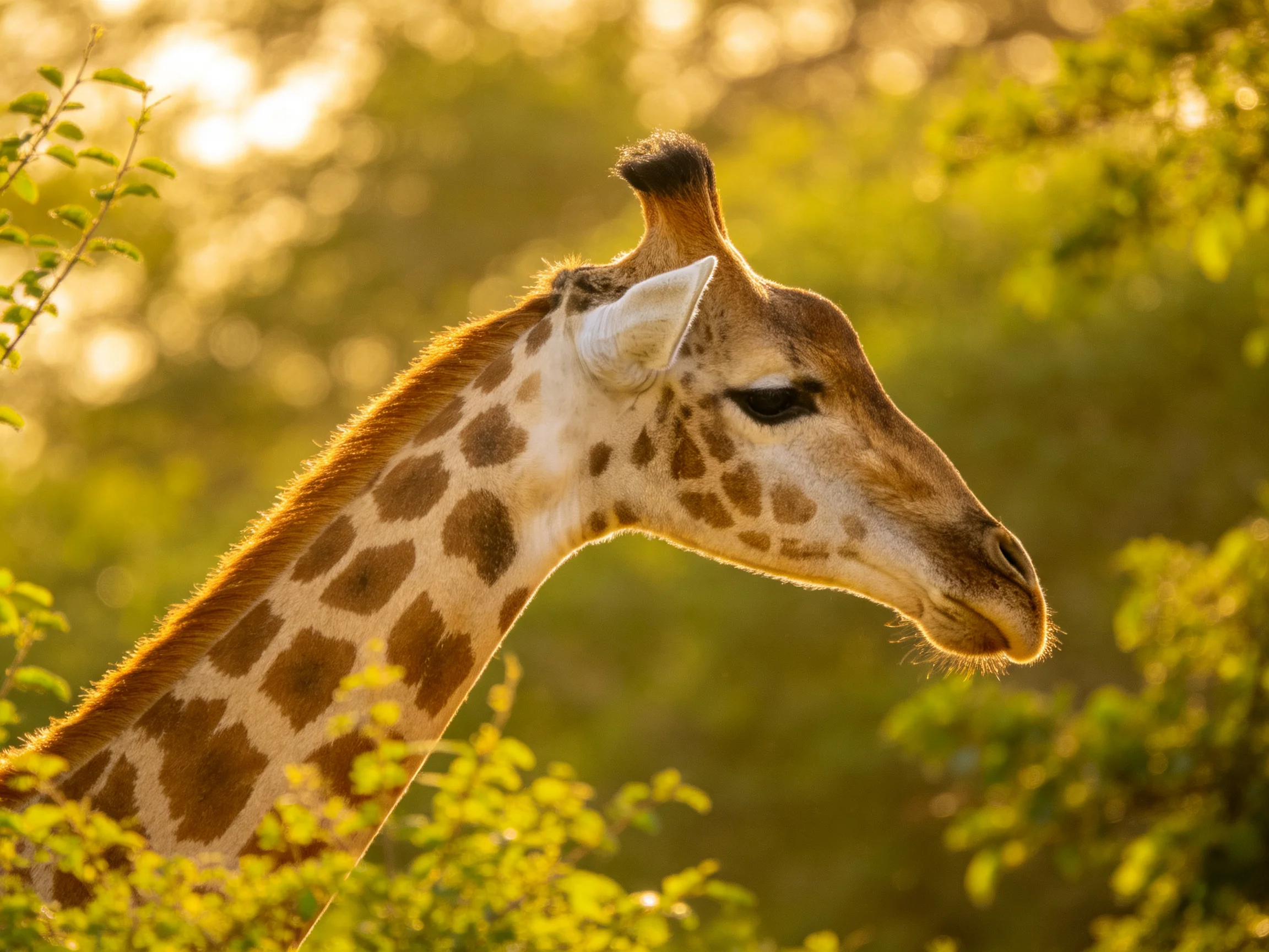 A giraffe with brown-spotted neck and head is near green vegetation in sunlight.