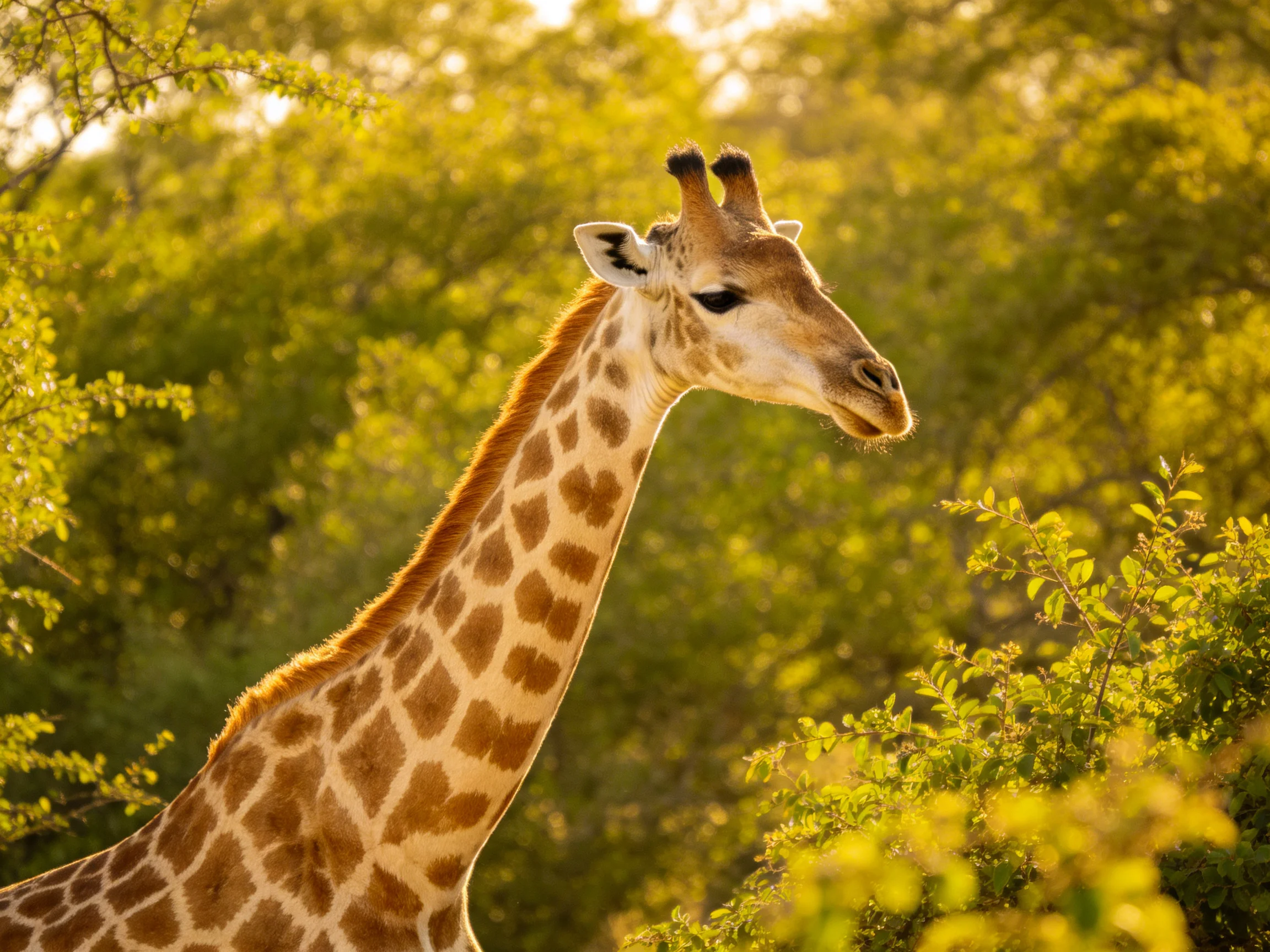 A giraffe with brown patches stands near green foliage.