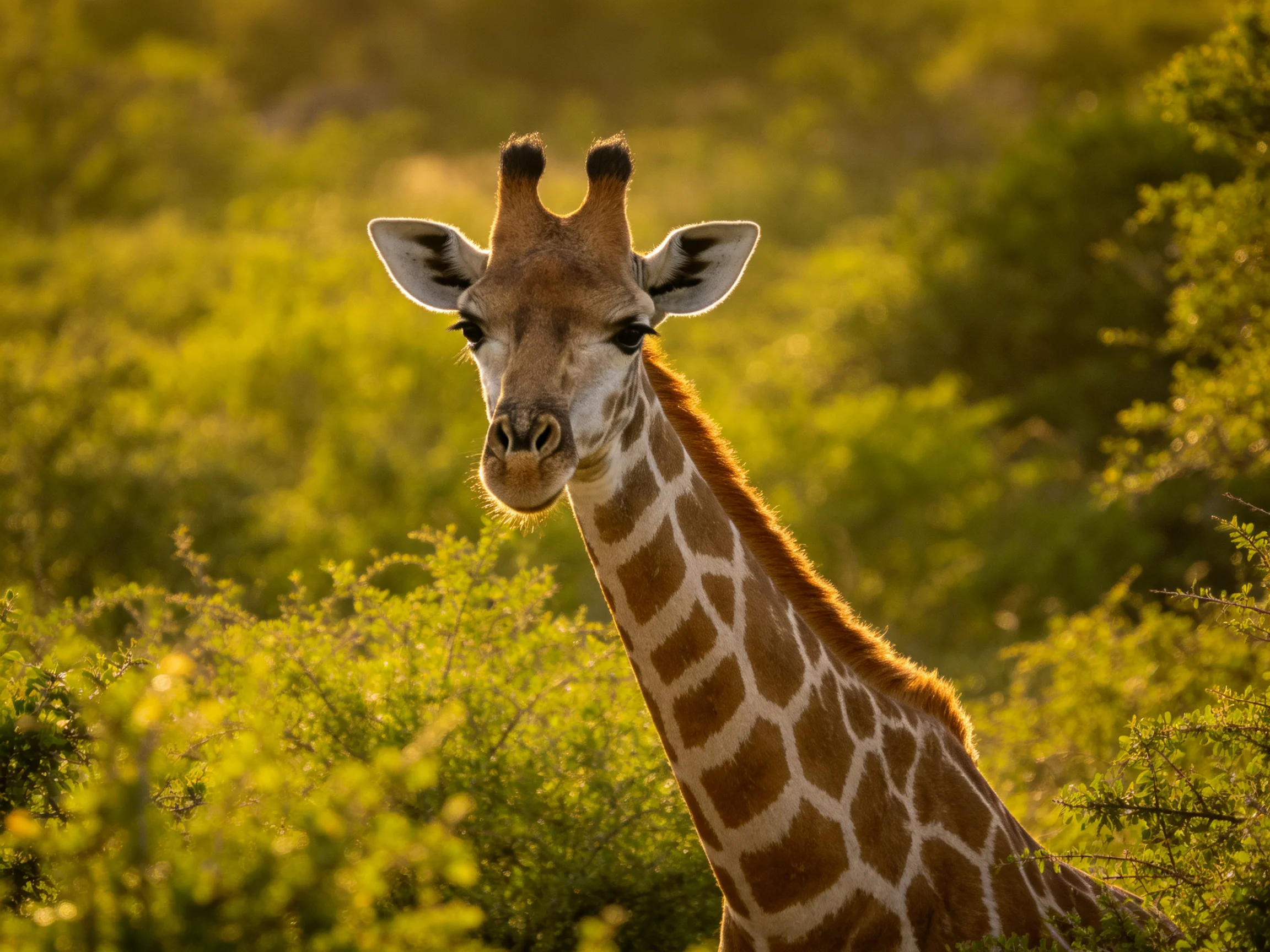 A giraffe with distinctive markings is among lush green bushes.