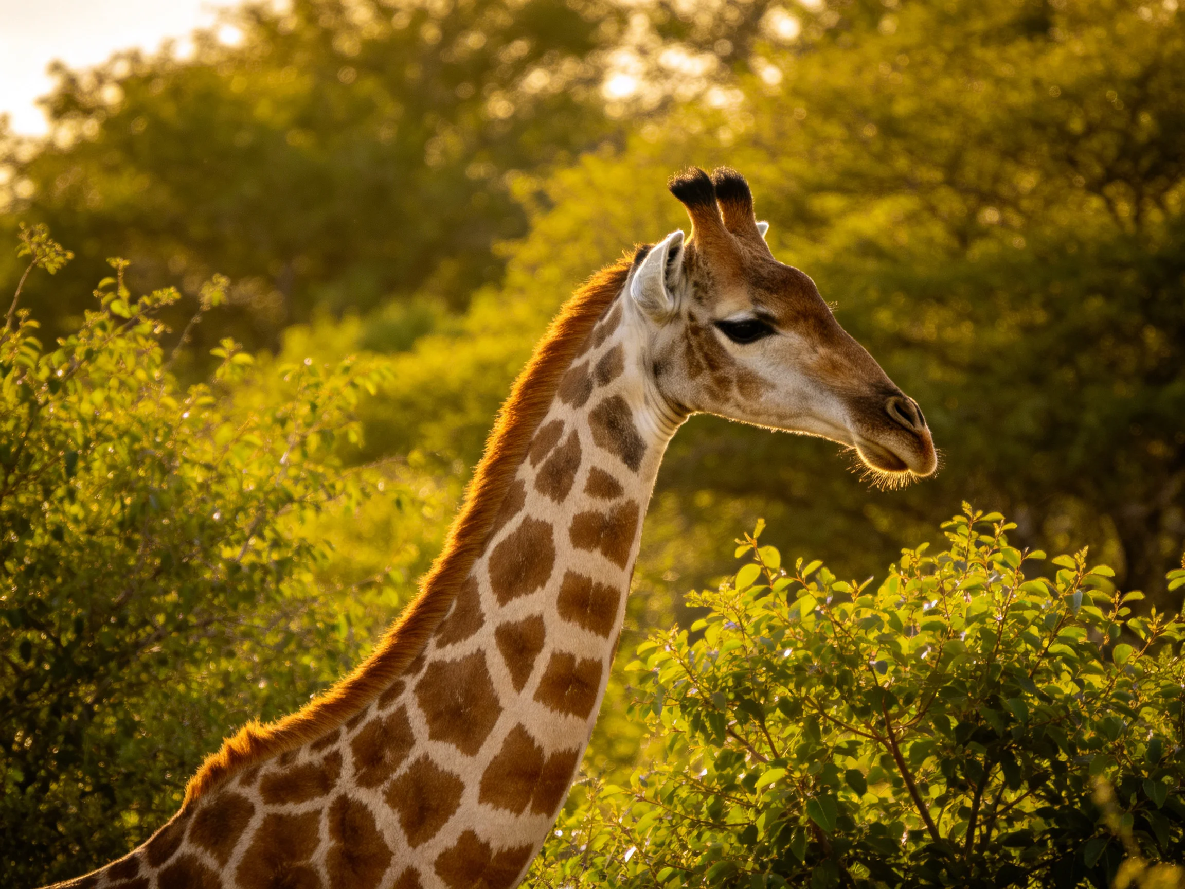 A giraffe with brown patches is among lush green bushes in golden light.