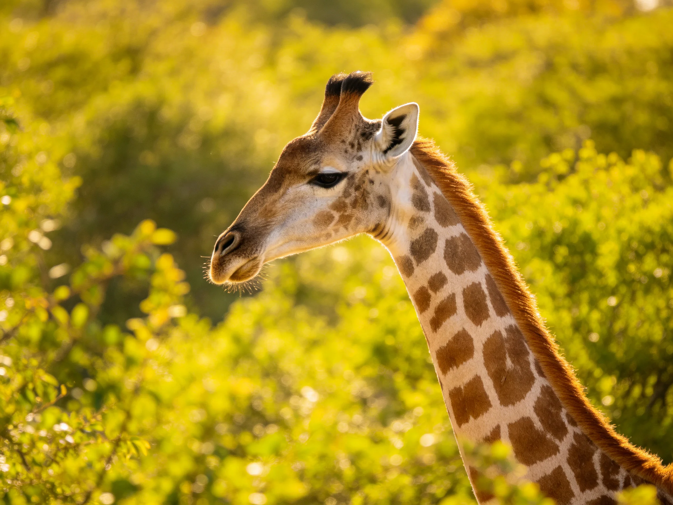 A giraffe with brown and white markings is surrounded by dense green foliage.