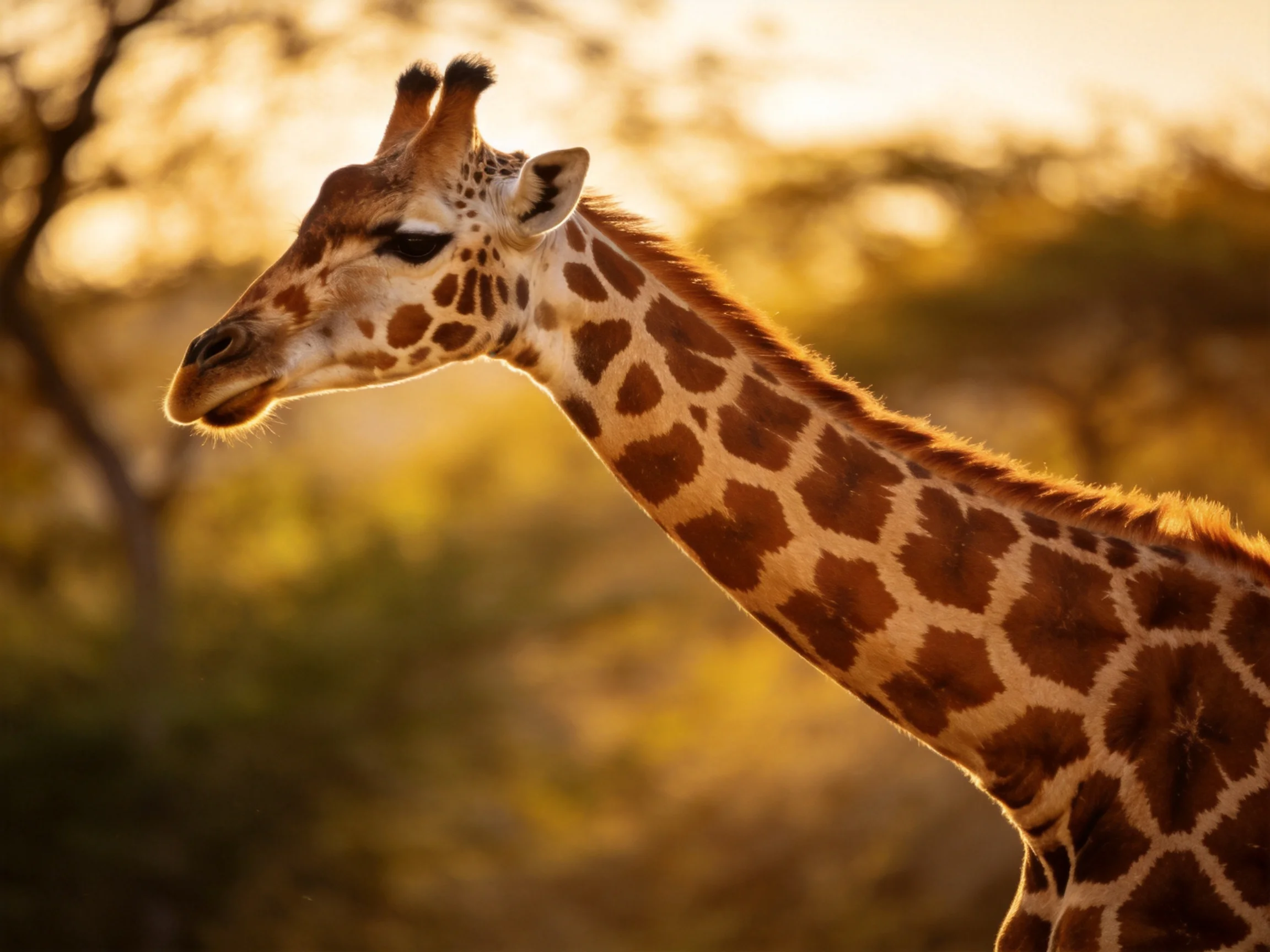 A giraffe with brown spot patterns in golden lighting