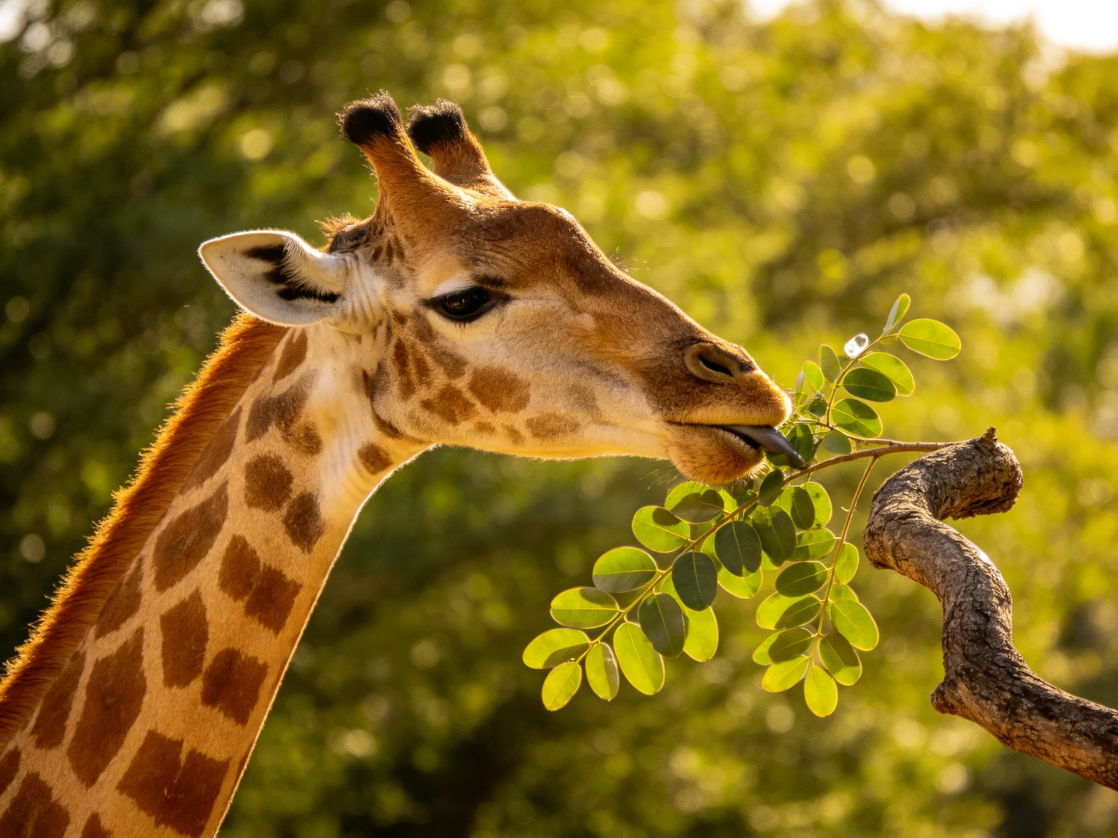 A giraffe with brown-spotted coat feeds on bright green foliage from a gnarled branch