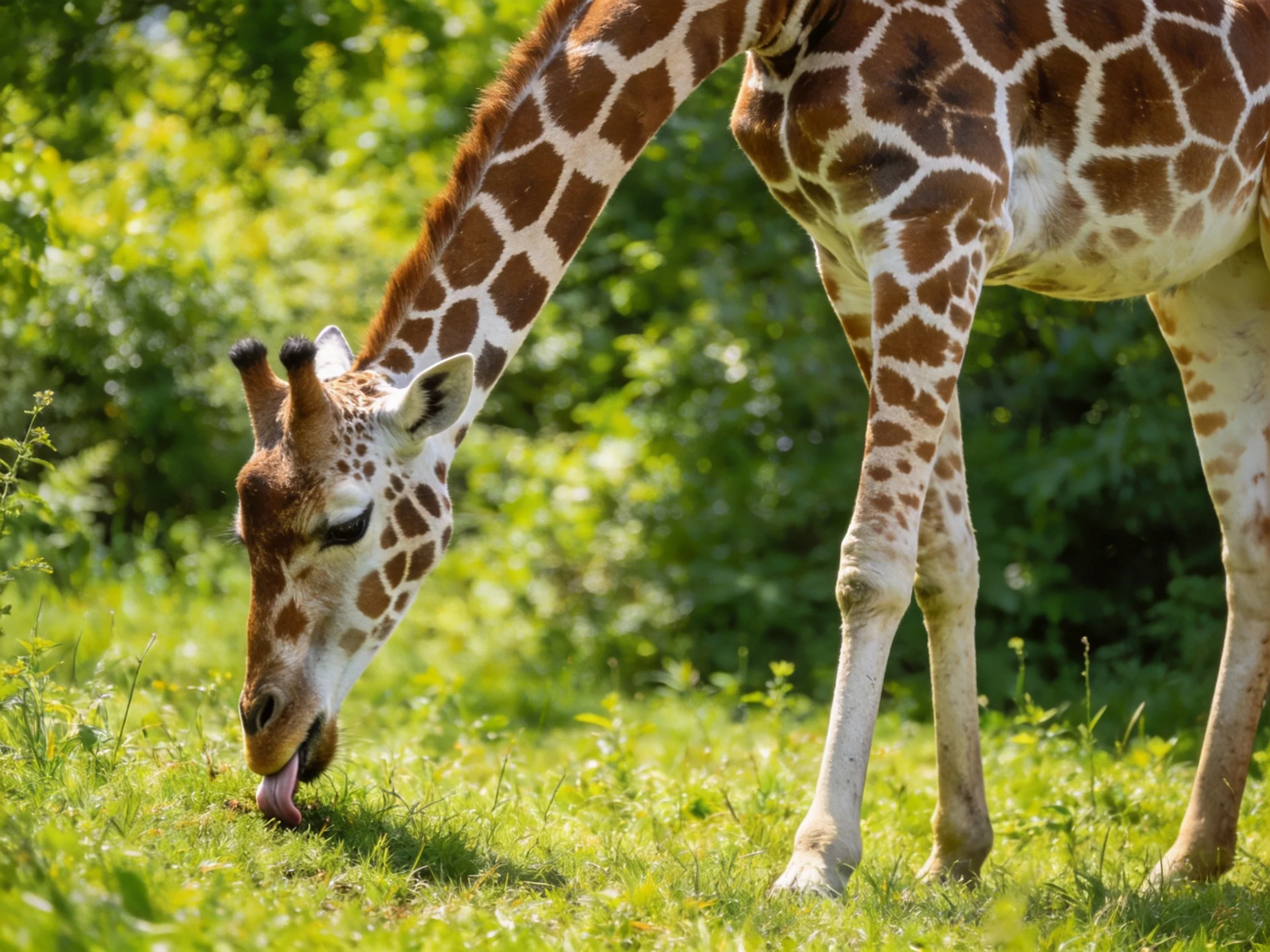 A giraffe with brown spotted coats grazing in a lush green landscape