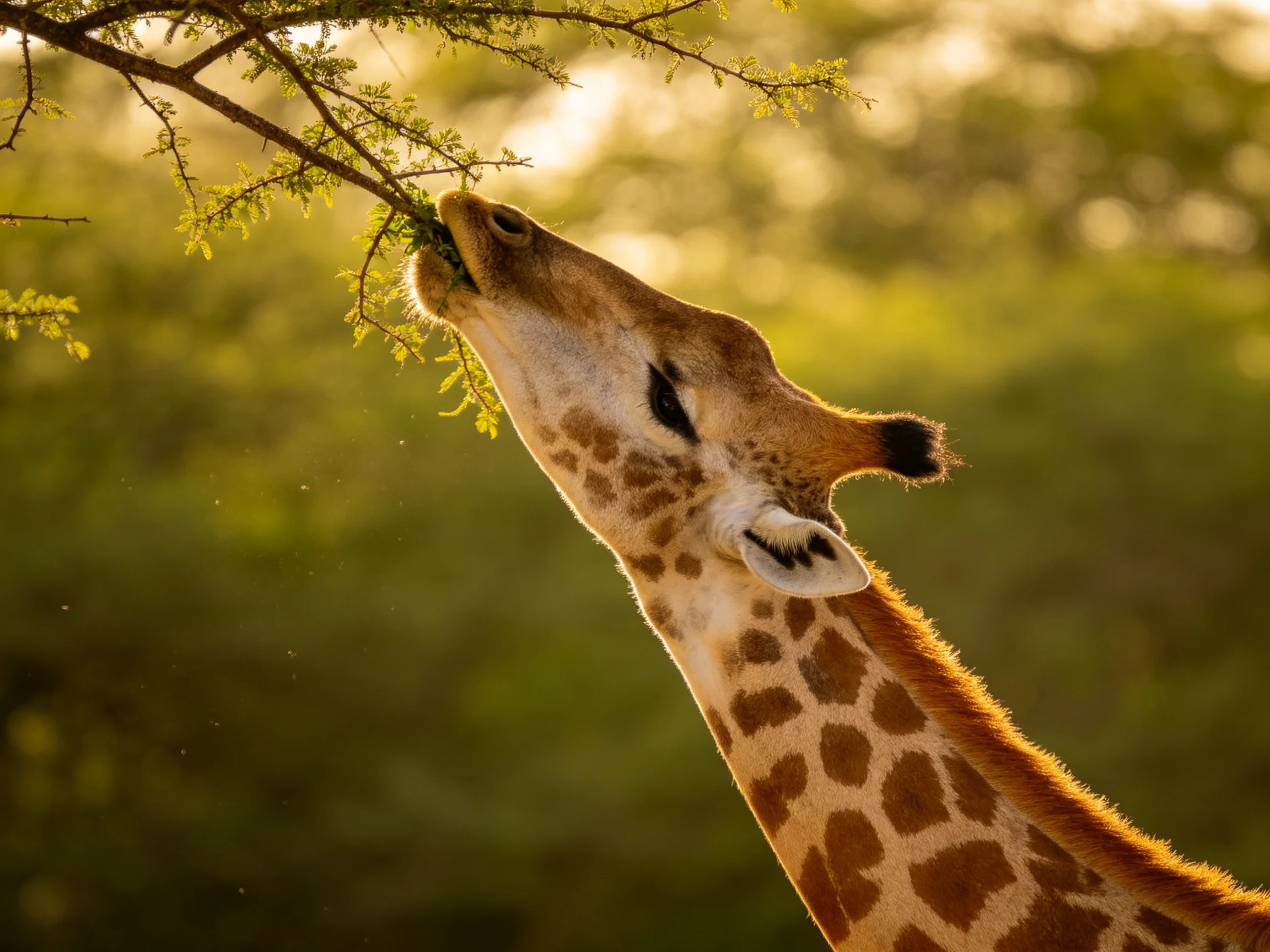 A giraffe with brown-spotted neck eats leaves from a tree branch in golden light