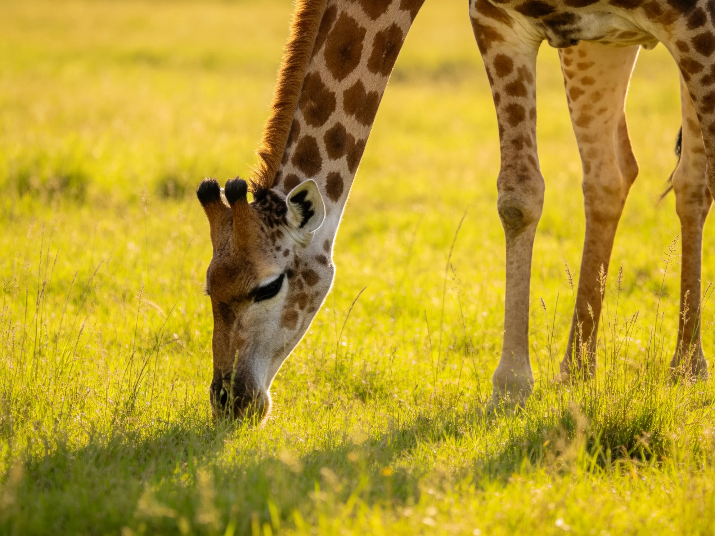 A giraffe with brown-spotted neck grazing in golden savannah grass