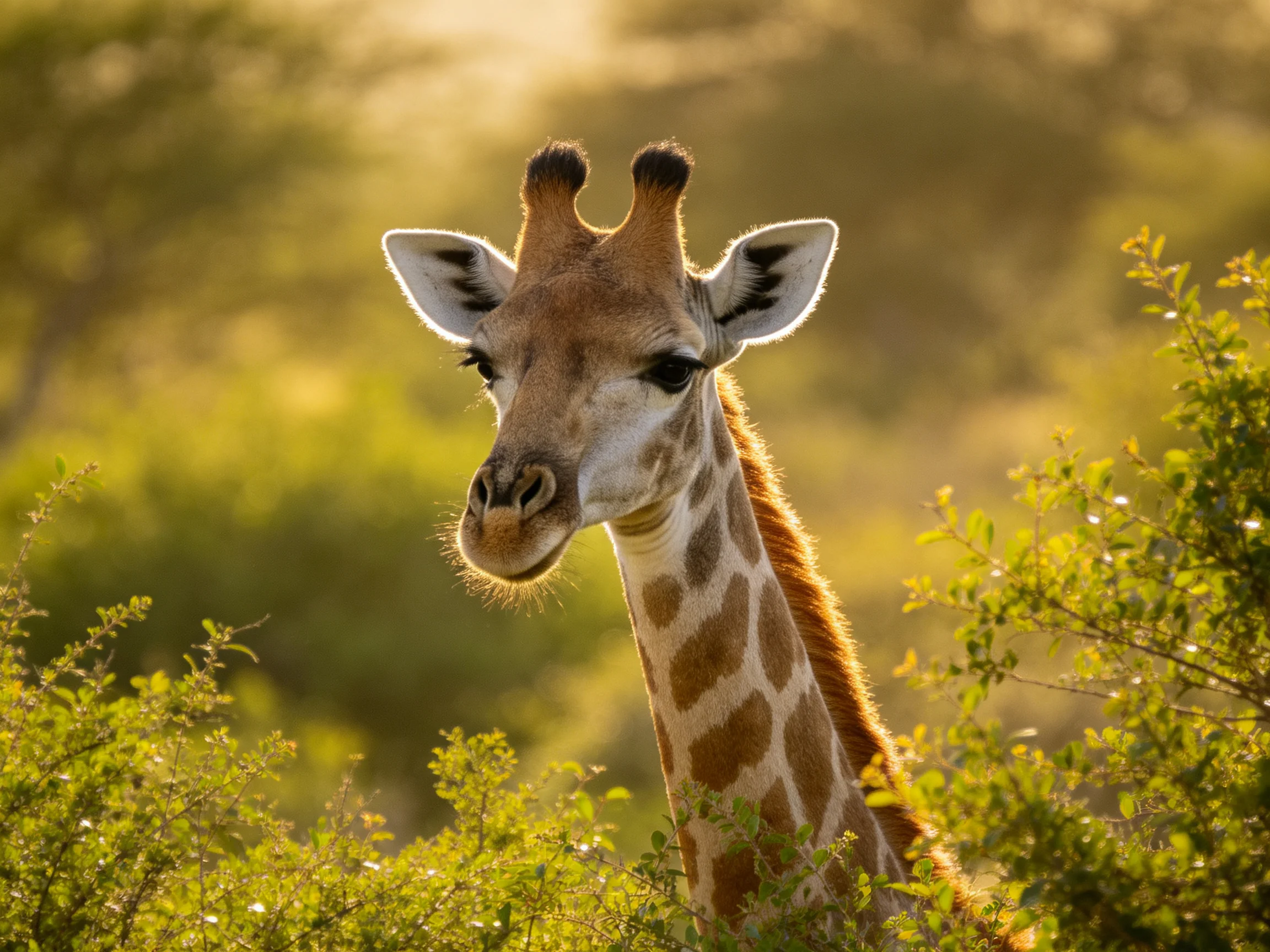 A giraffe with brown-spotted neck in sunlit greenery