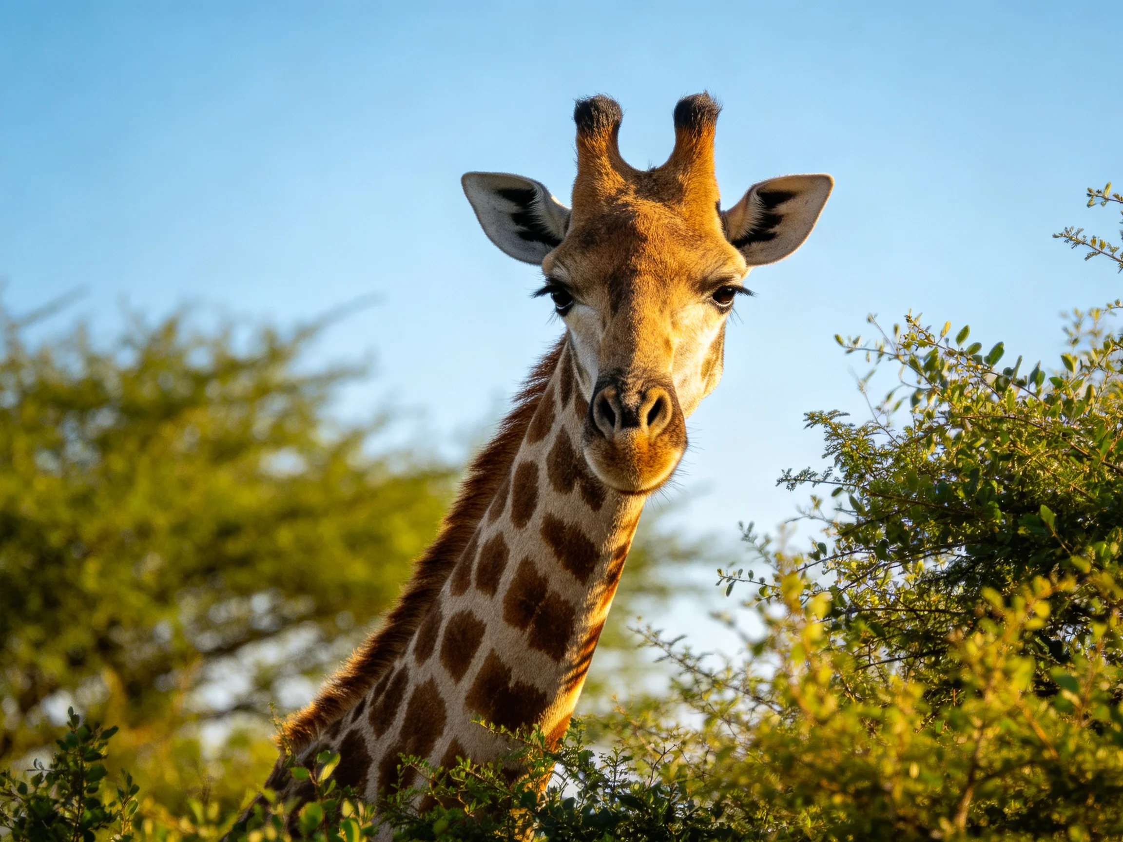 A giraffe with brown-spotted neck near green bushes under clear blue sky