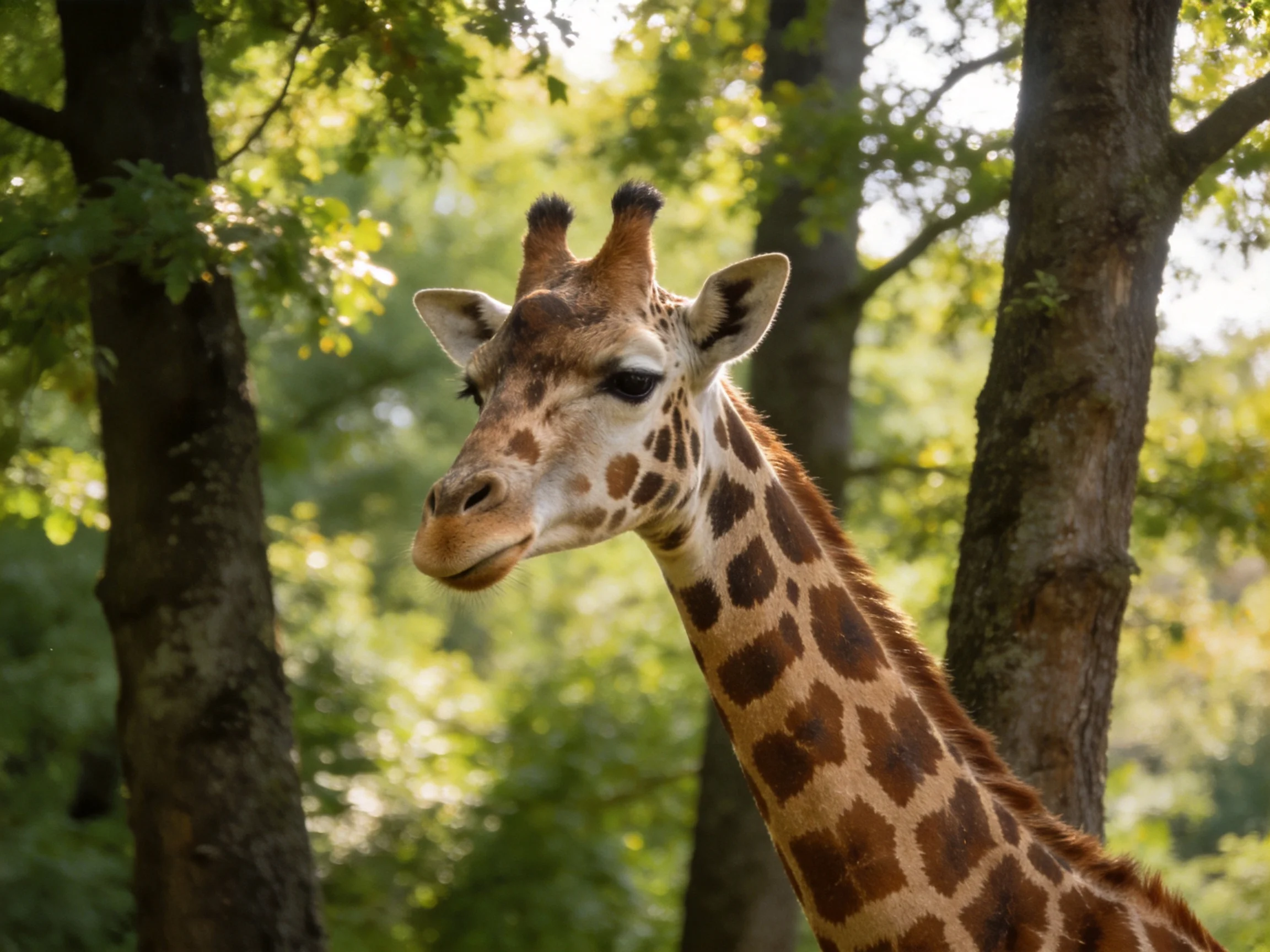 A giraffe with brown-spotted neck near tall green trees