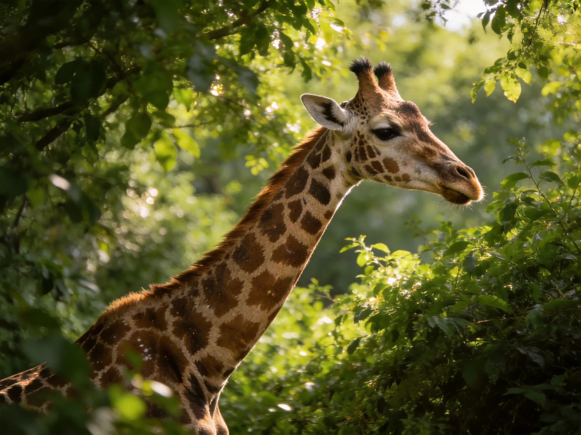 A giraffe with brown-spotted pattern in lush green foliage