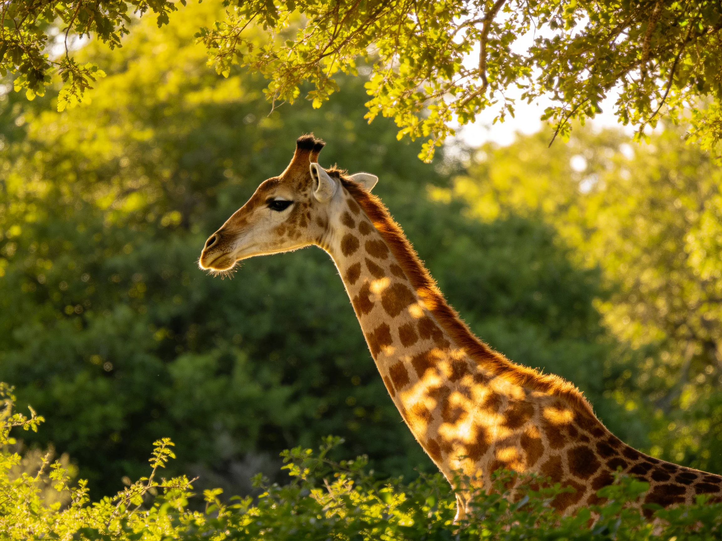 A giraffe with brown-spotted pattern near dense green foliage under golden light