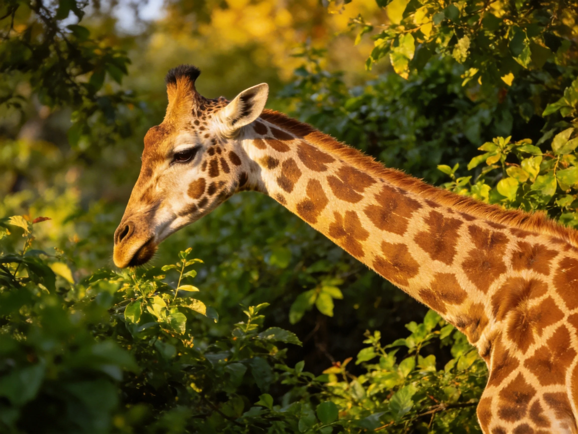A giraffe with brown spotted patterns feeding among green bushes