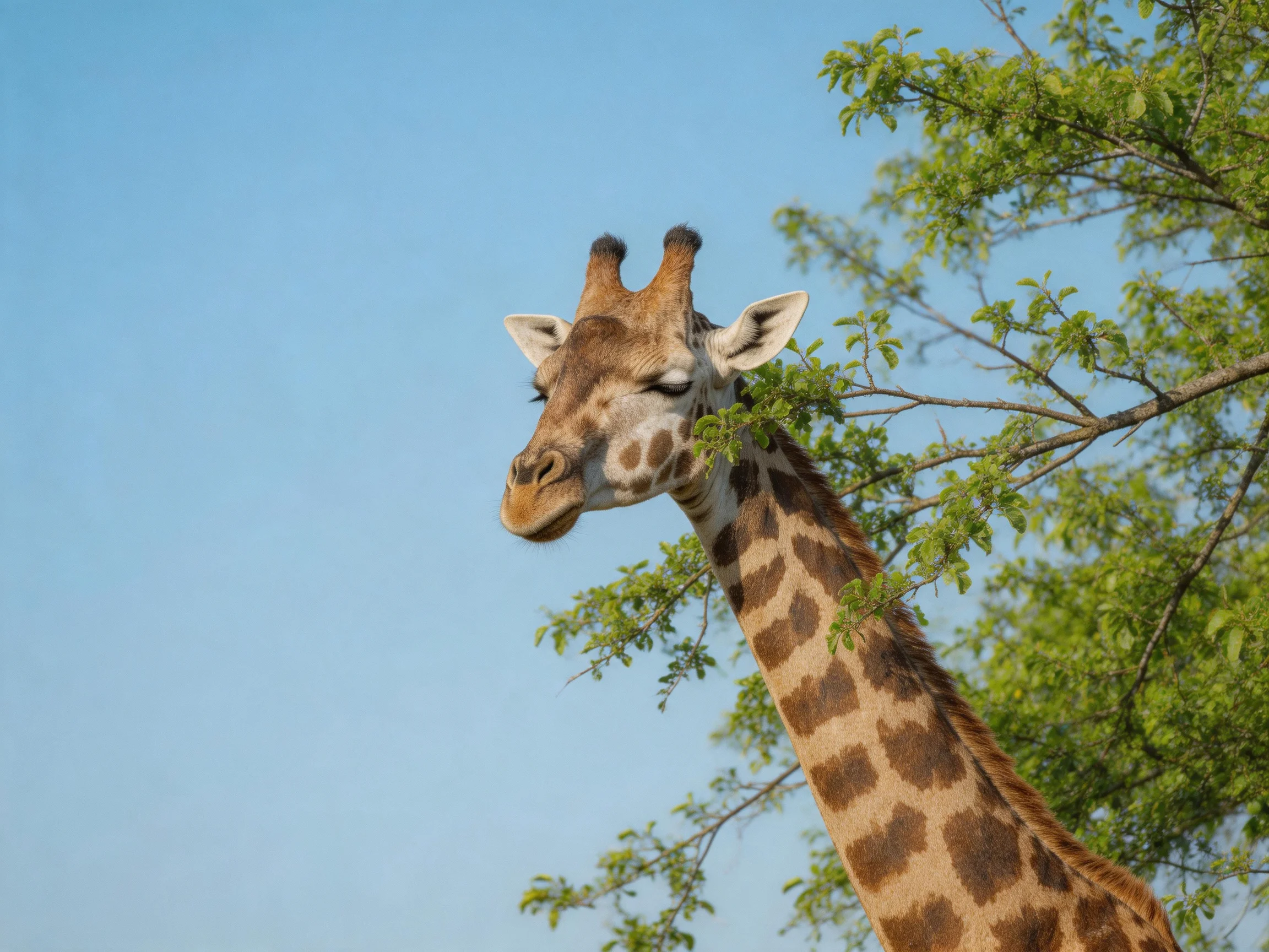 A giraffe with brown spotted patterns feeding on green leaves under a blue sky