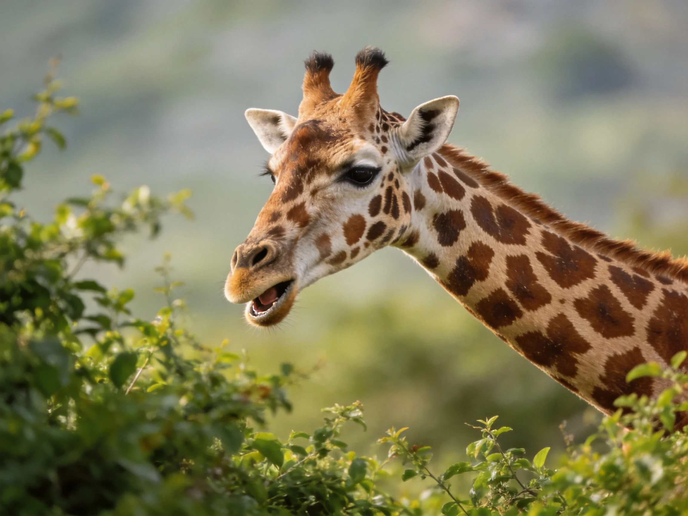 A giraffe with brown spotted patterns feeds near lush green vegetation