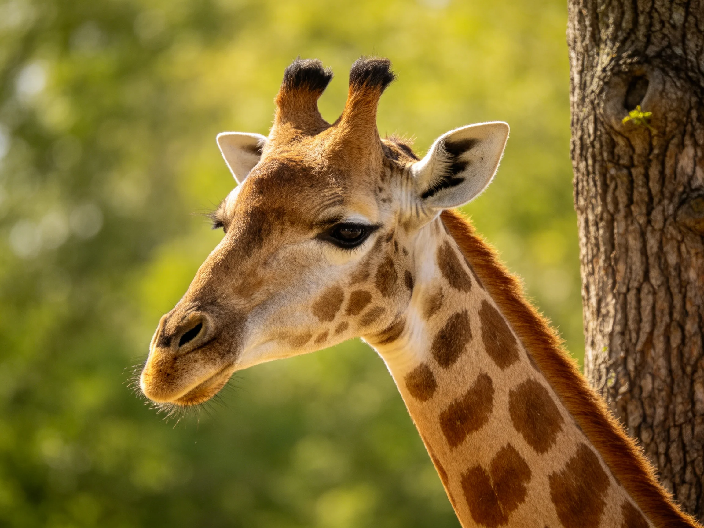 A giraffe with brown spotted patterns near a textured tree trunk