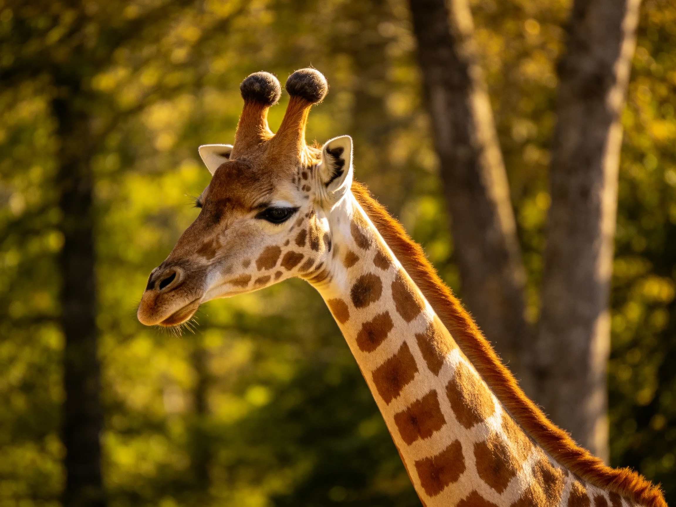 A giraffe with brown-spotted patterns near forest trees