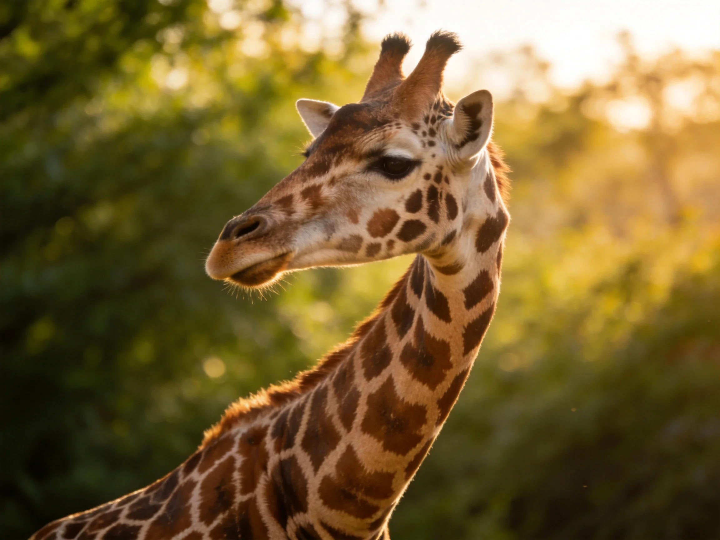 A giraffe with brown-spotted patterns near greenery