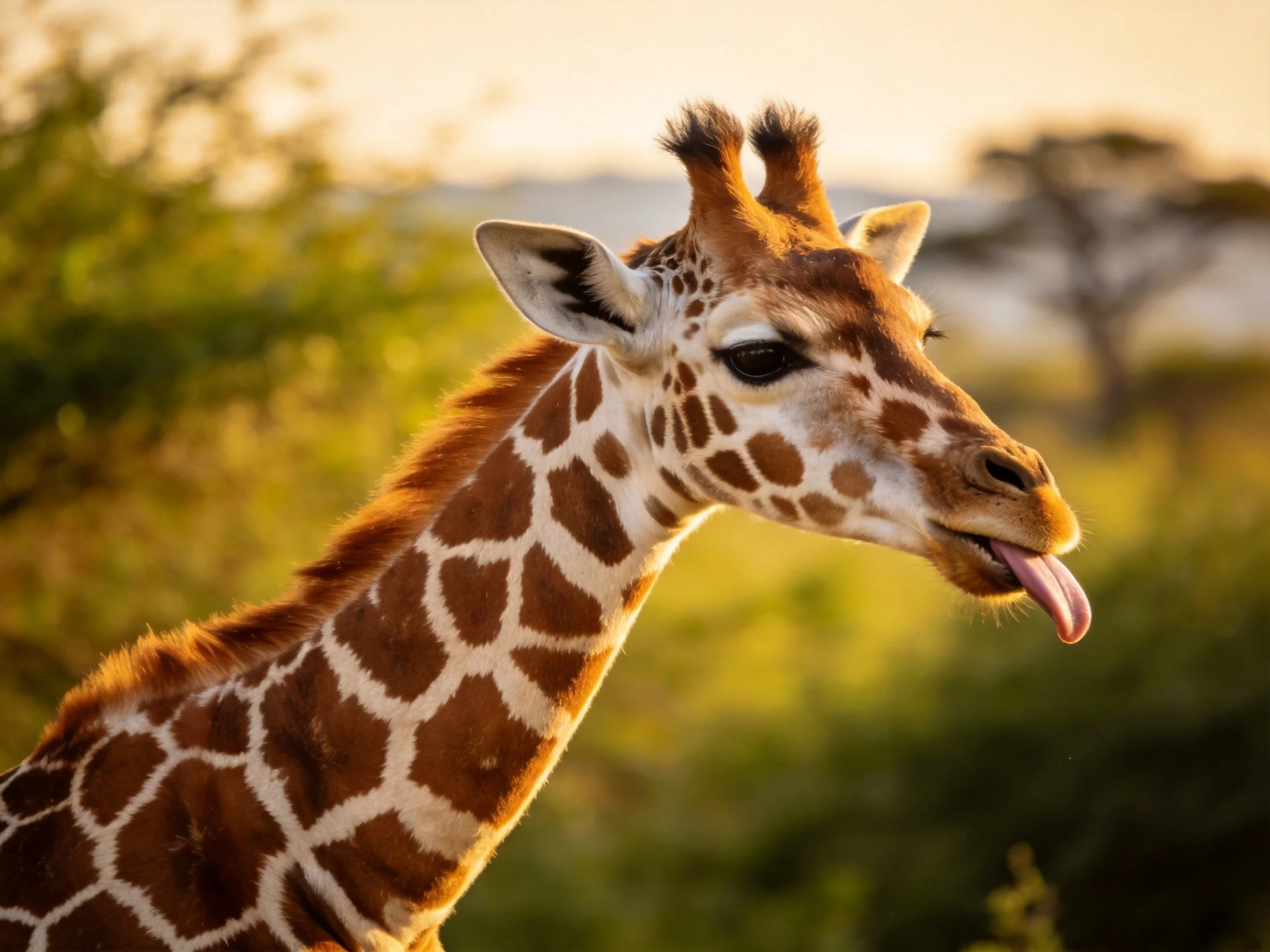 A giraffe with brown spotted patterns sticks out tongue in golden sunlight