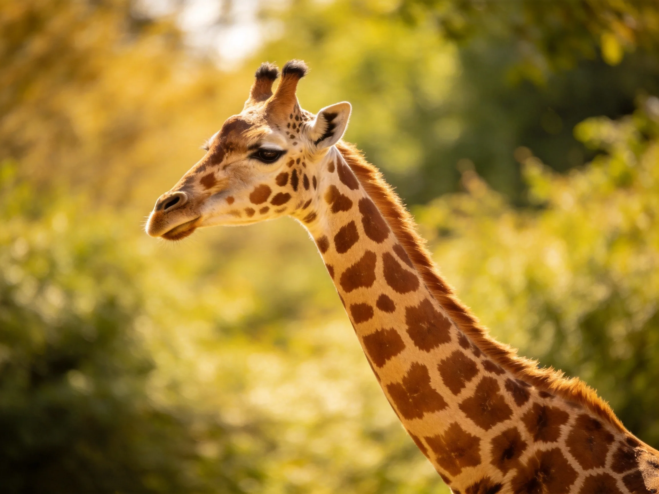 A giraffe with brown-spotted skin in a sunlit natural setting