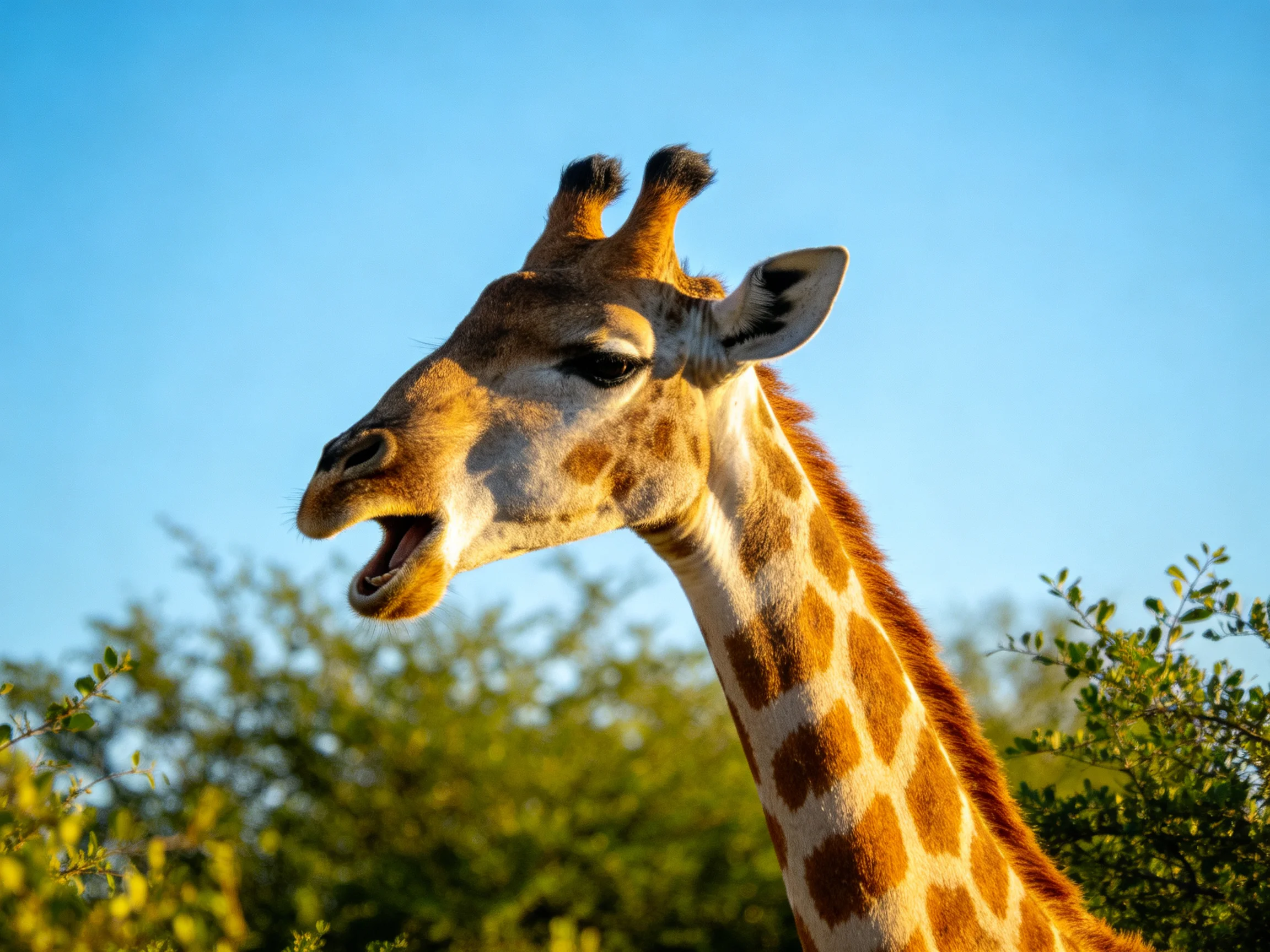 A giraffe with open mouth and spotted neck near greenery under clear blue sky