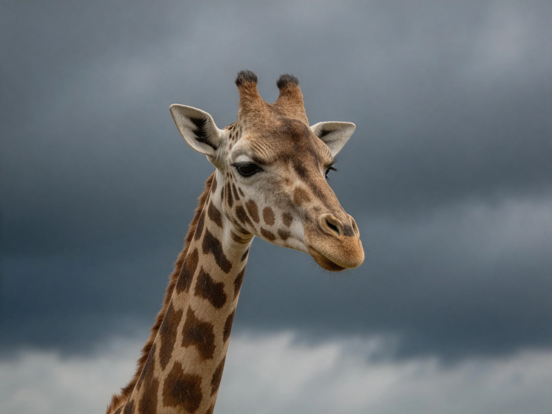 A giraffe with patterned spots beside dark, cloudy skies