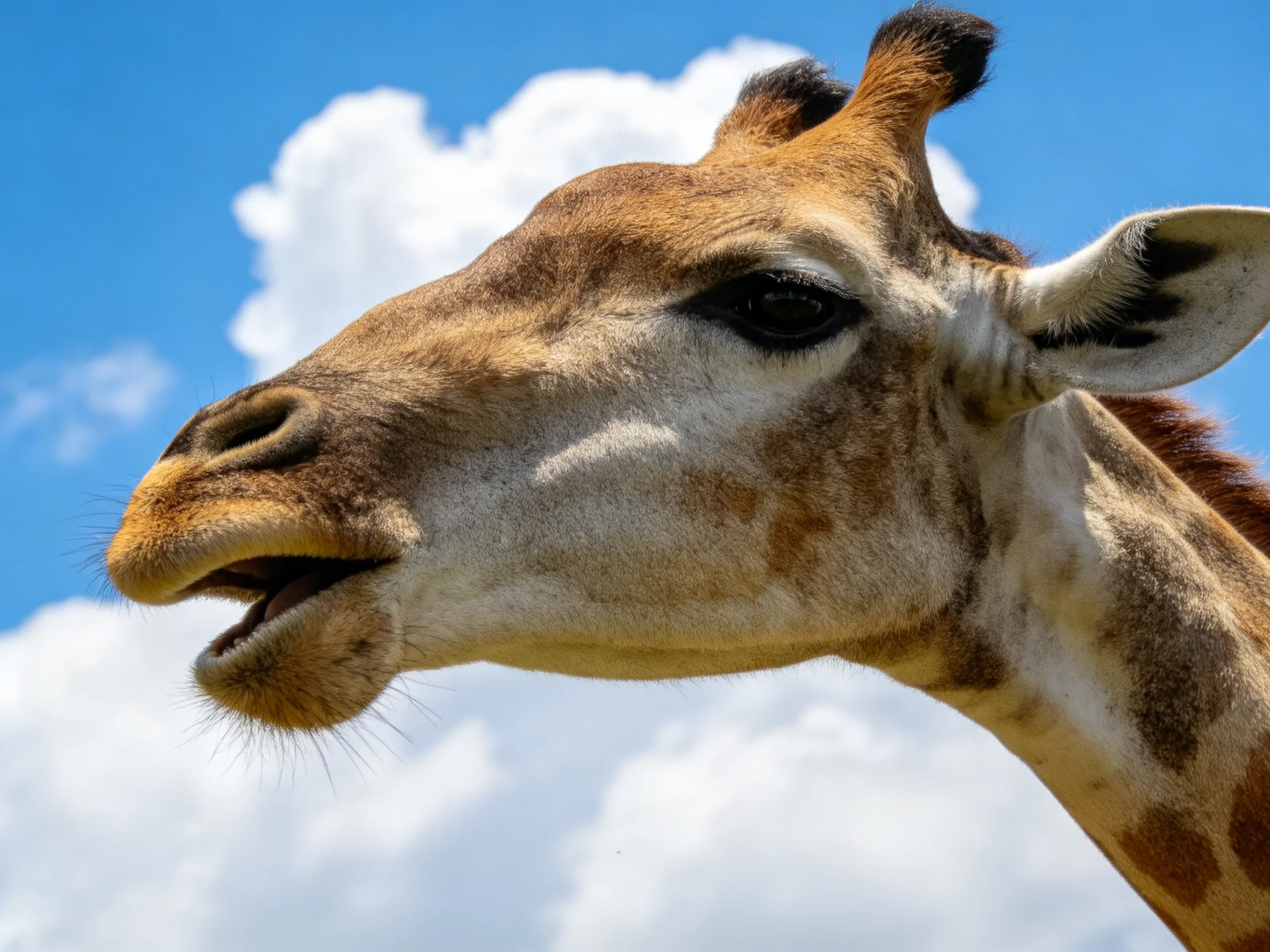 A giraffes head with brown patches near a bright blue sky