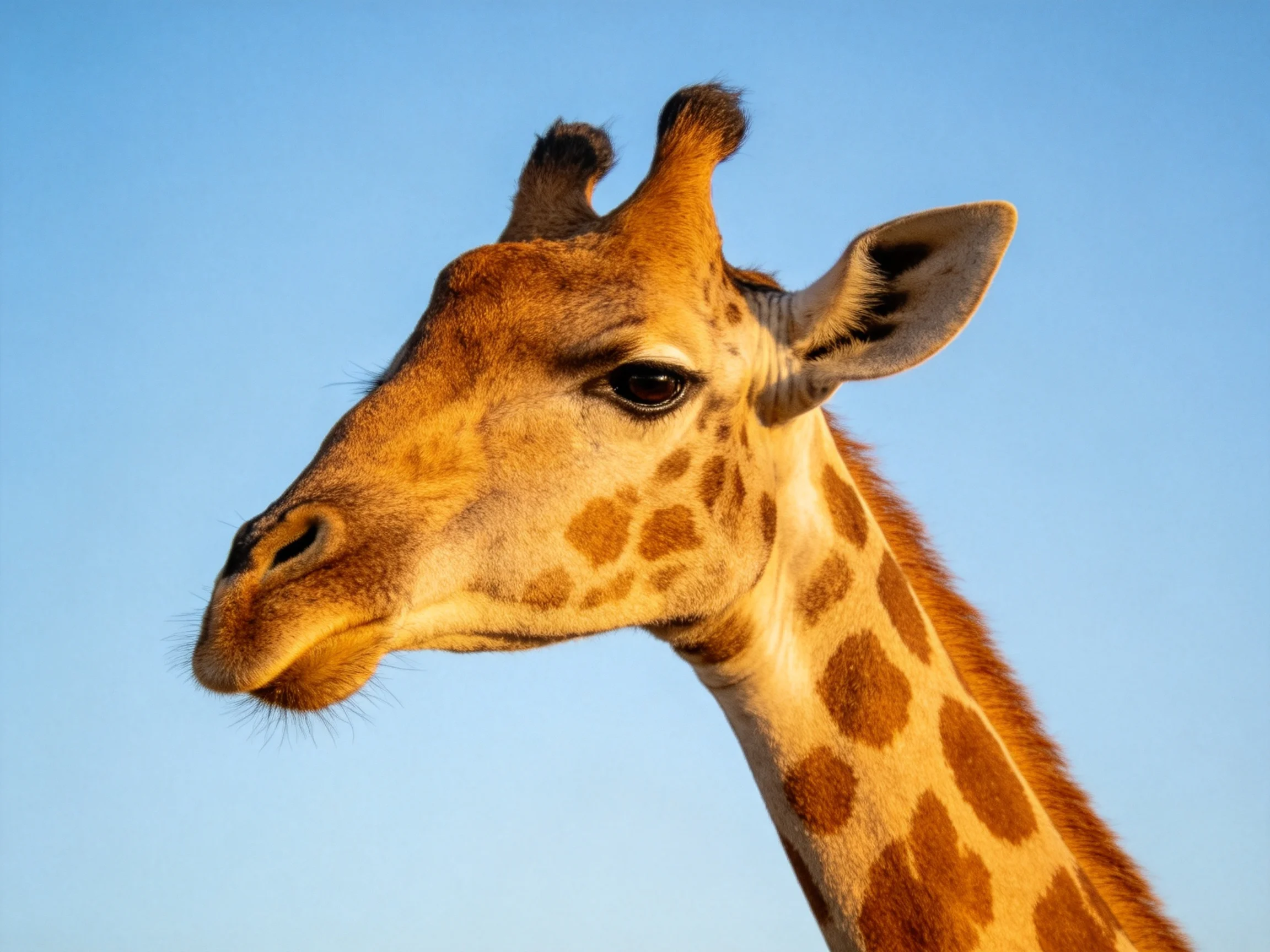 A giraffes head with brown spotted patterns against a clear blue sky