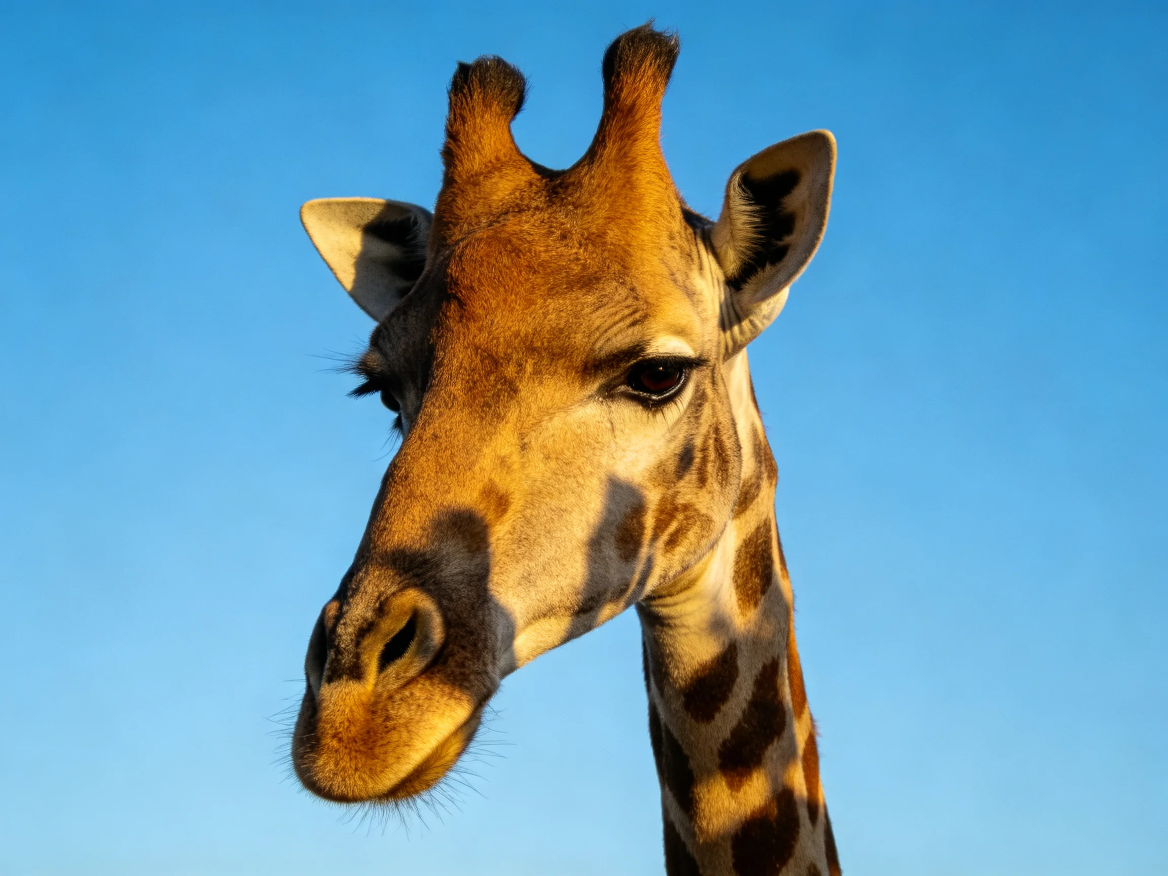 A giraffes head with patterned fur against a clear blue sky