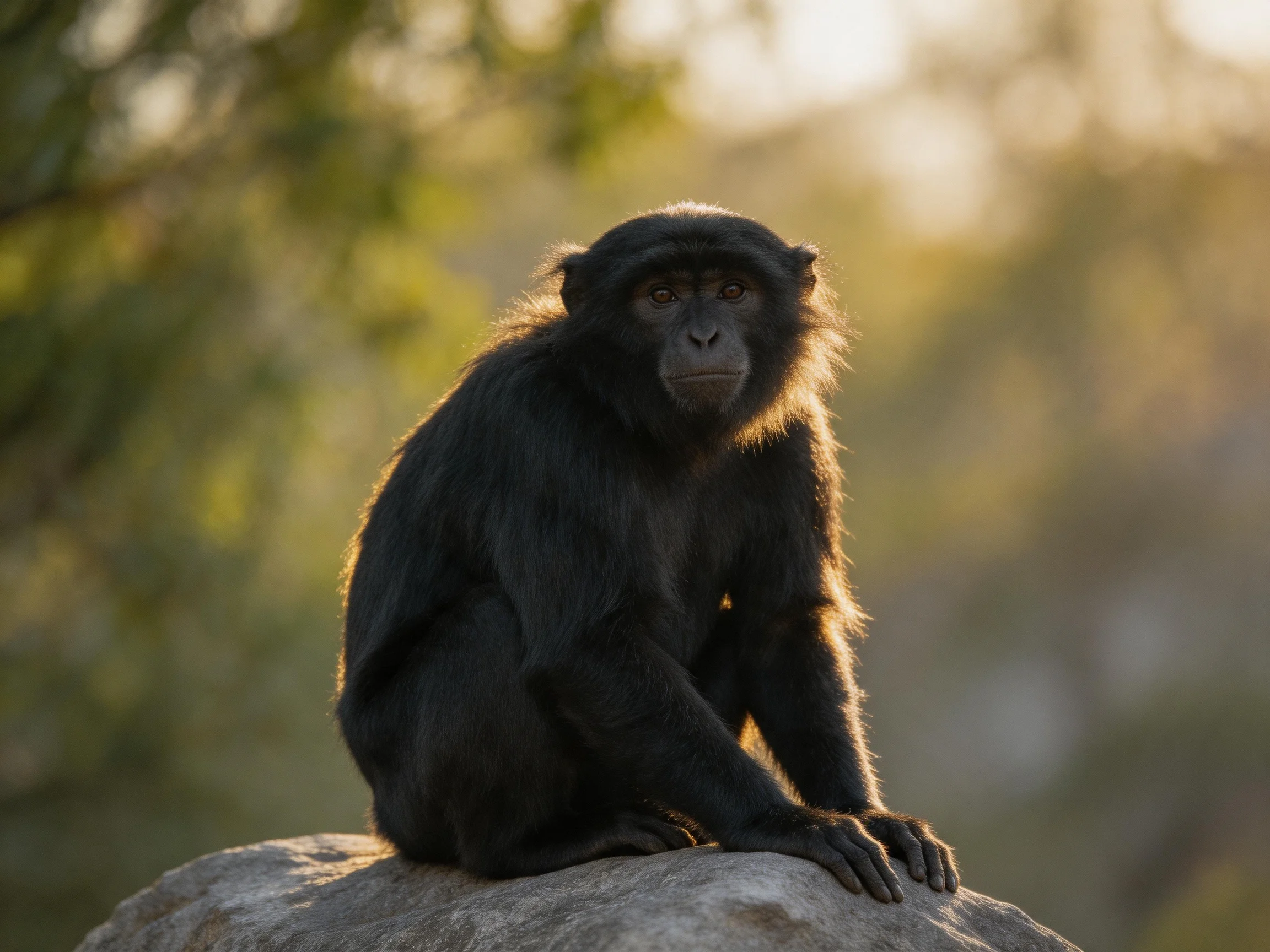 A glossy black monkey sits on a large gray rock in a sunlit forest